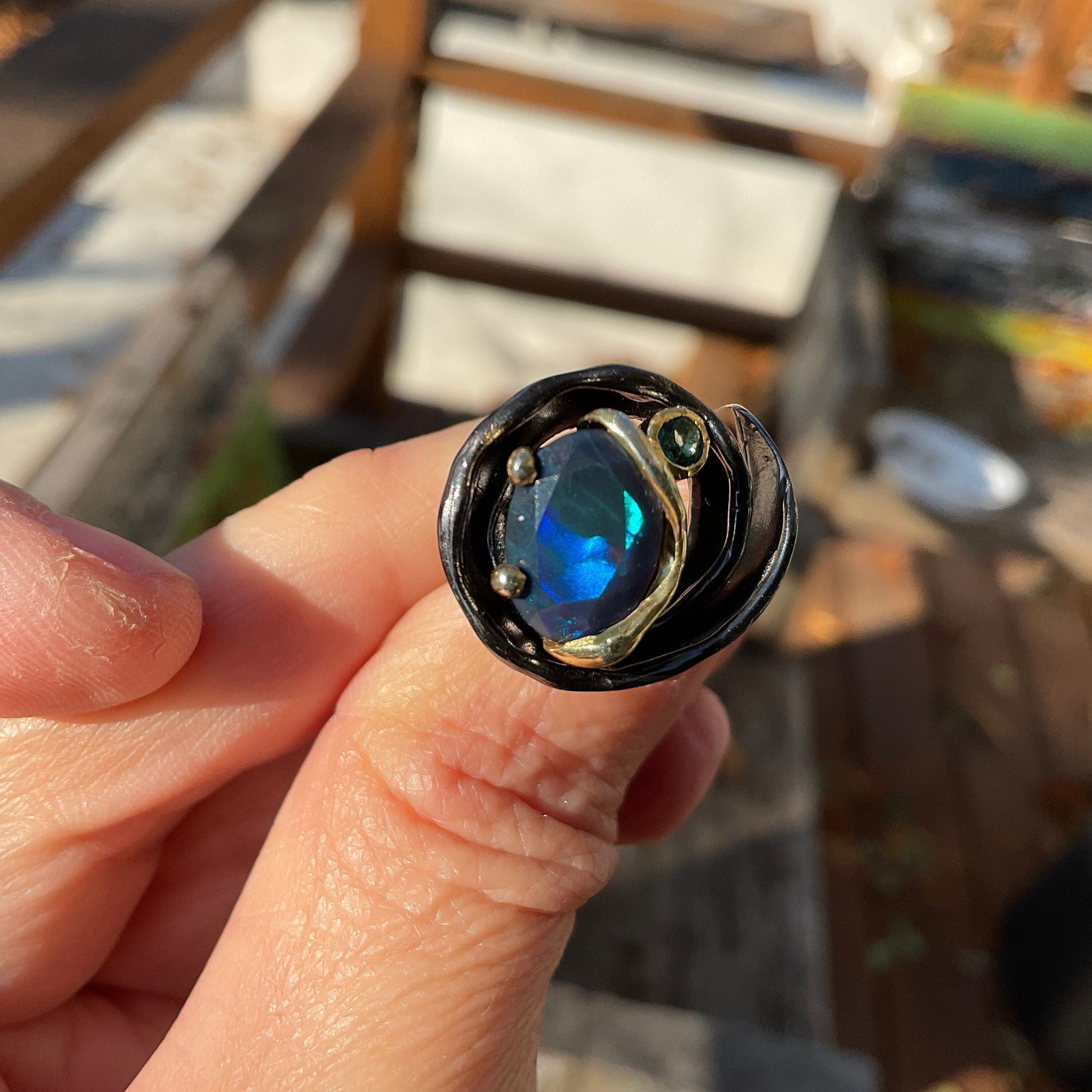 sterling silver natural Blue  fire  opal band ring 7.5 Colors Of Etnika