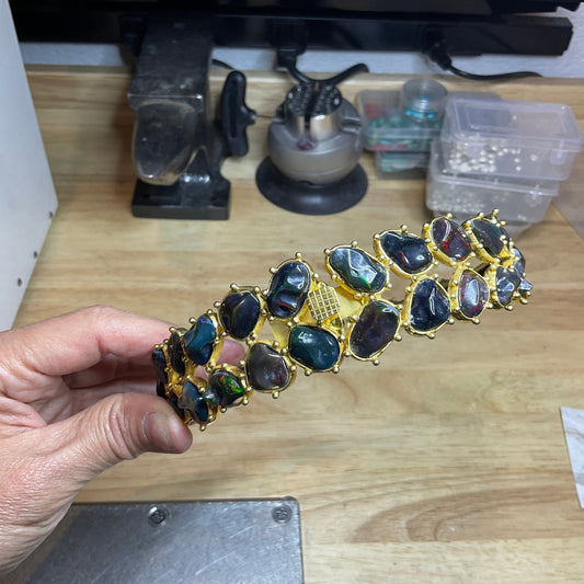 Sterling silver gold plated black fire opal collar choker necklace
