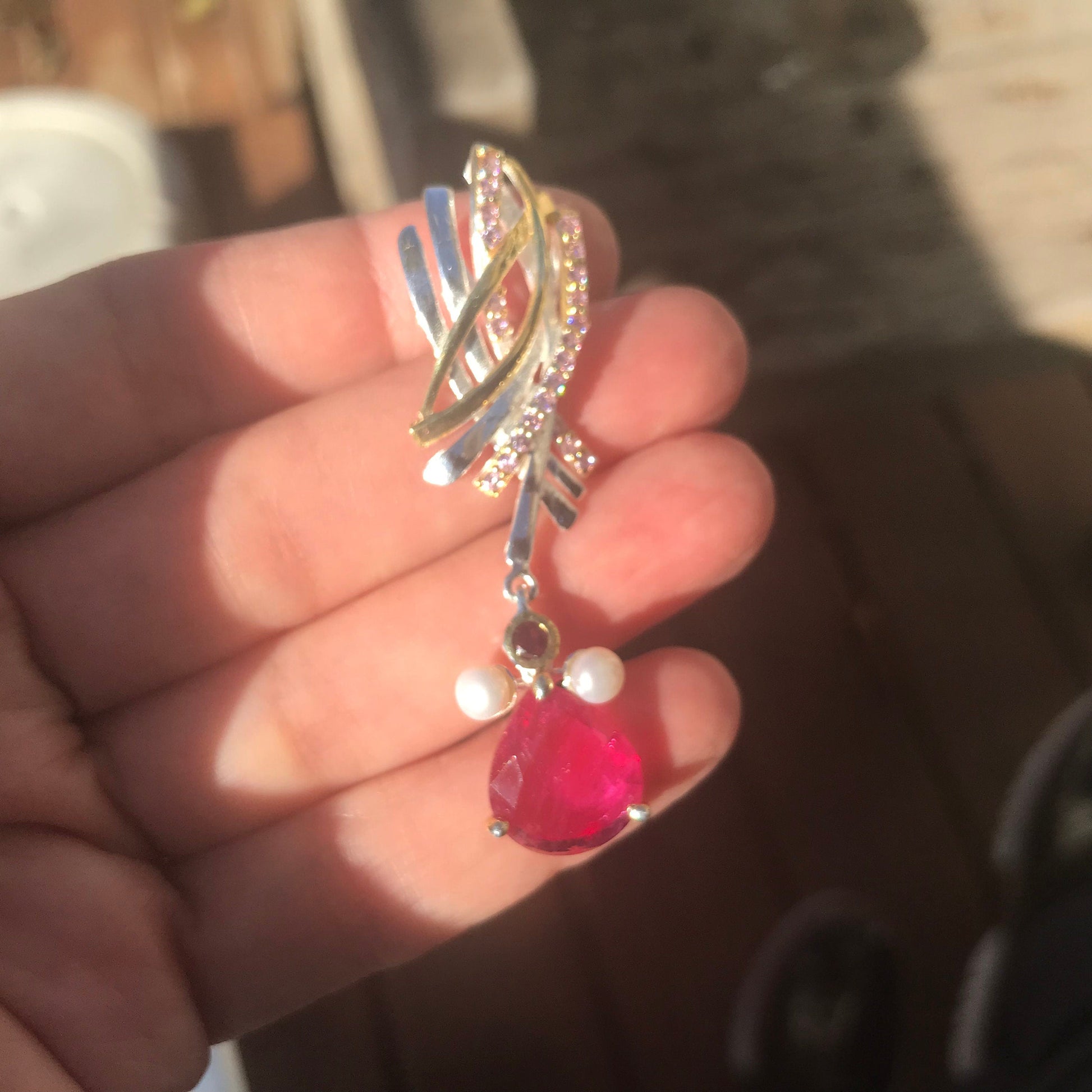 Sterling silver Natural Ruby rhodolite  pearl pendant fancy Colors Of Etnika