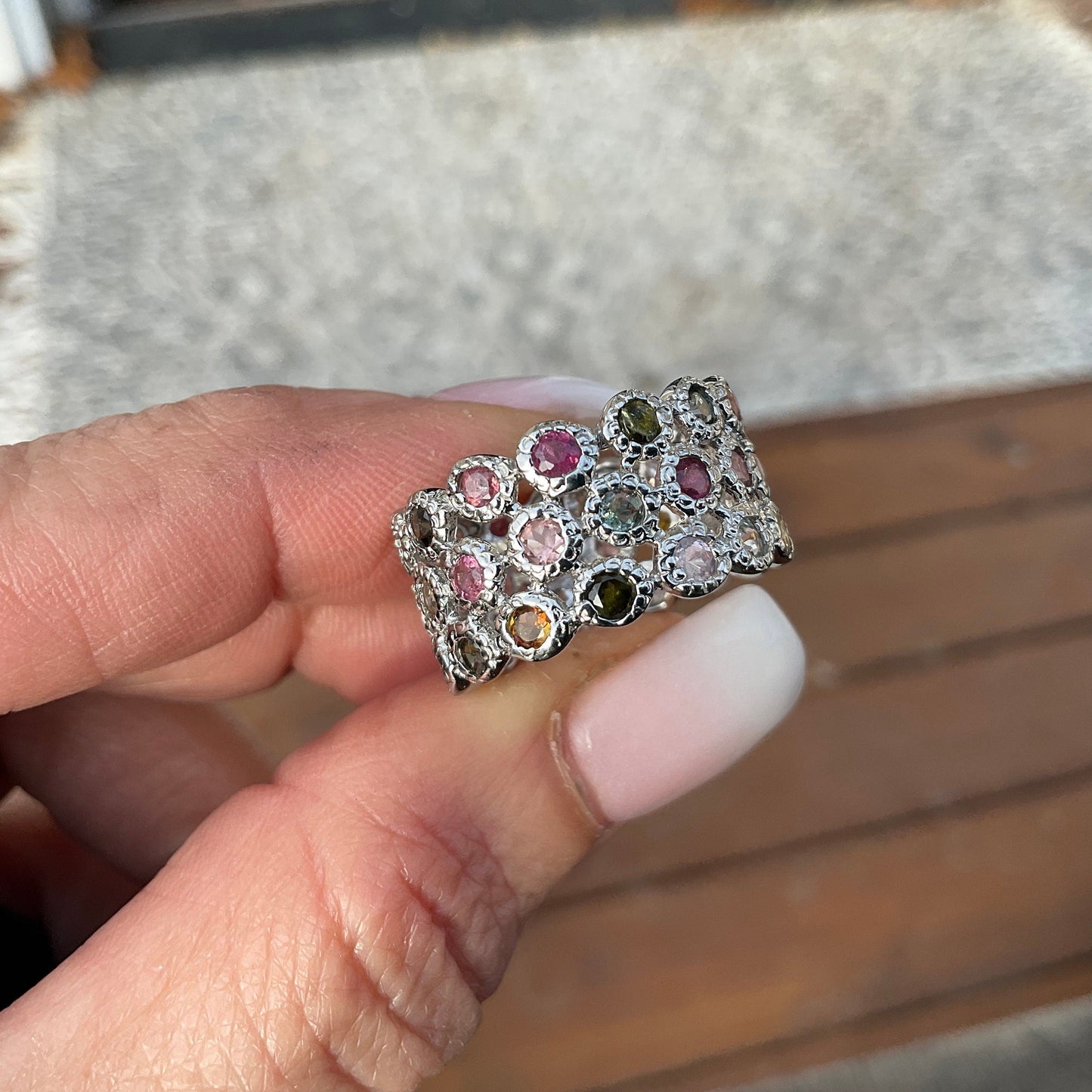 Handmade Sterling Silver Multi Color tourmaline  Band ring 8 Colors Of Etnika