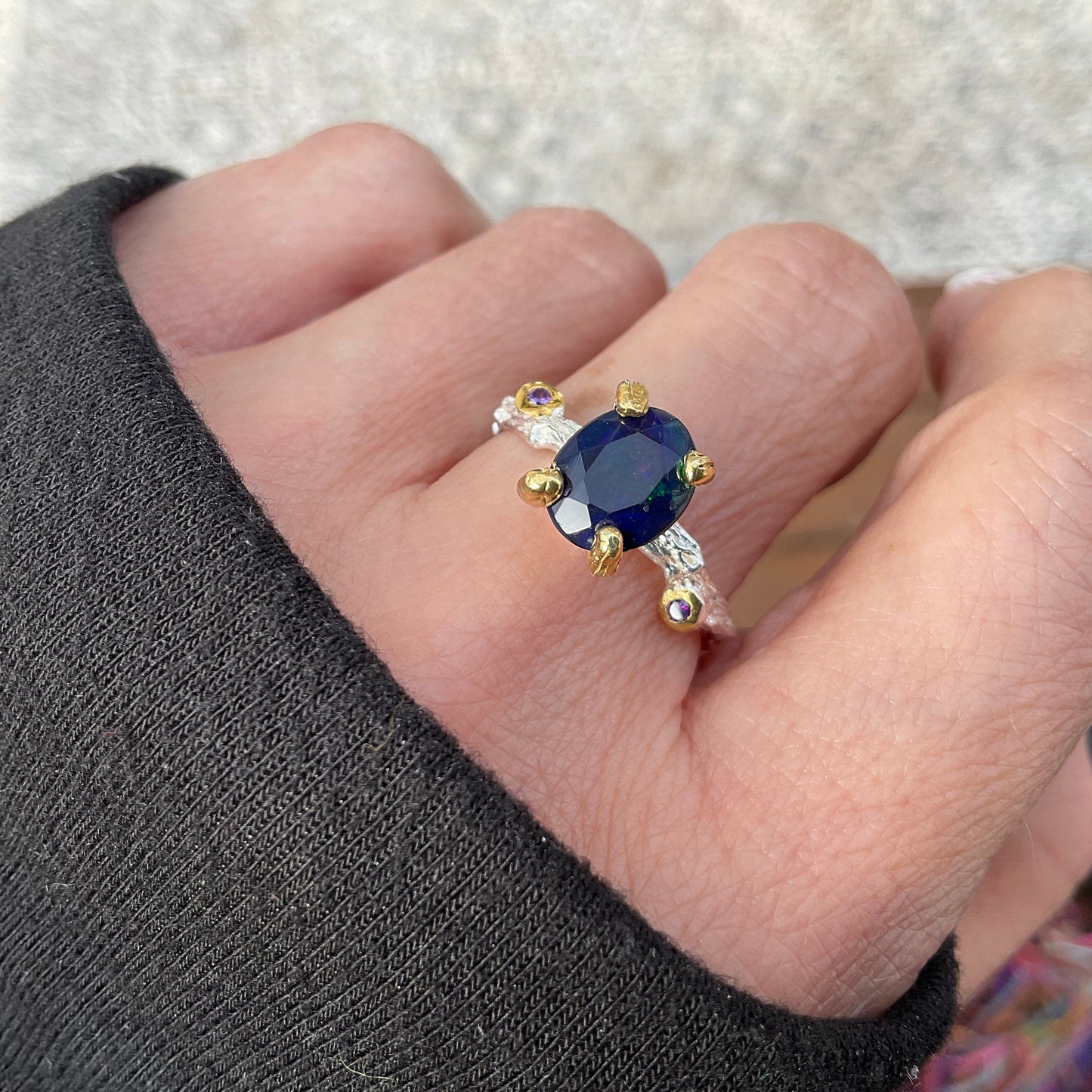 Sterling Silver Fire black blue fire opal solitaire cut Ring 8 Colors Of Etnika