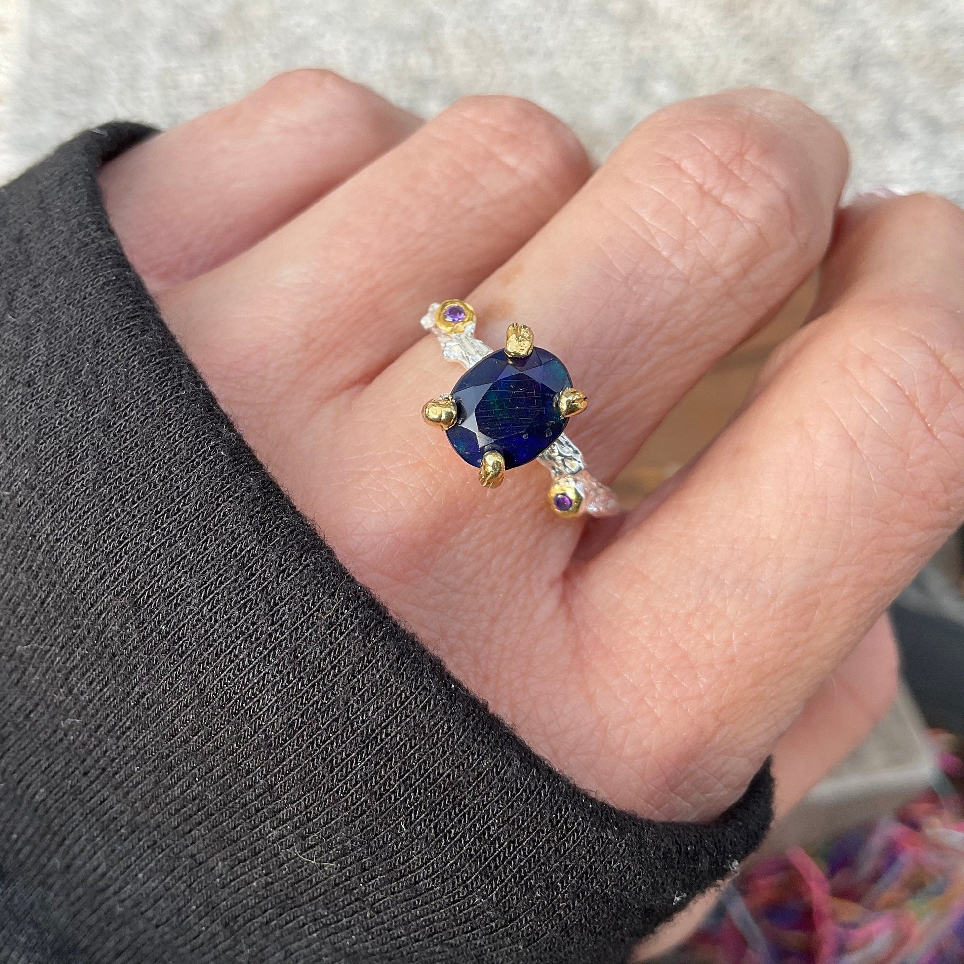 Sterling Silver Fire black blue fire opal solitaire cut Ring 8 Colors Of Etnika