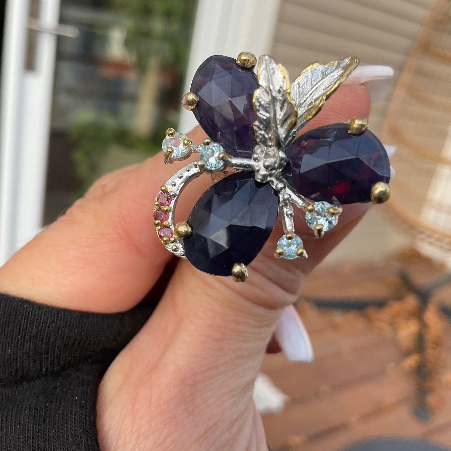sterling silver Natural black blue Fire Opal topaz floral statement ring 9 Colors Of Etnika