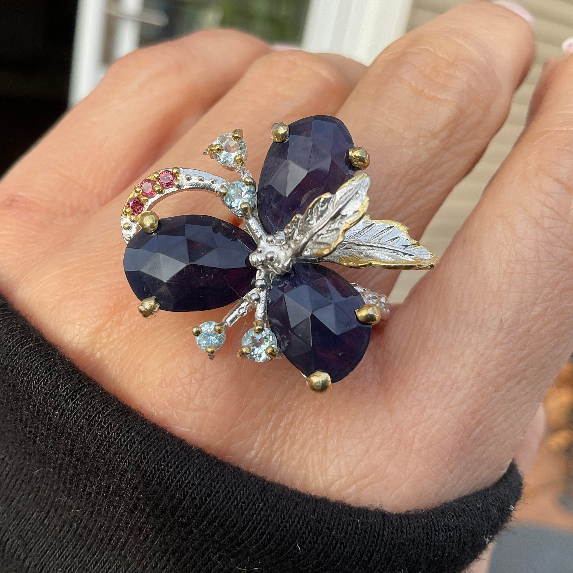 sterling silver Natural black blue Fire Opal topaz floral statement ring 9 Colors Of Etnika