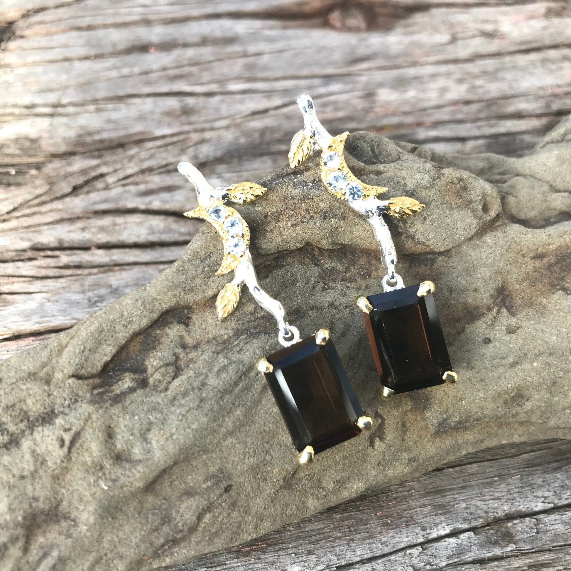 Sterling silver Smokey quartz star topaz natural dangle earrings Colors Of Etnika