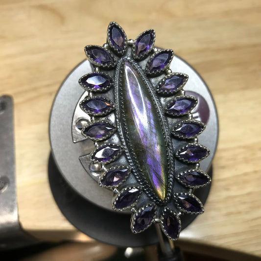 Sterling Silver Marquis labradorite amethyst huge adjustable Ring