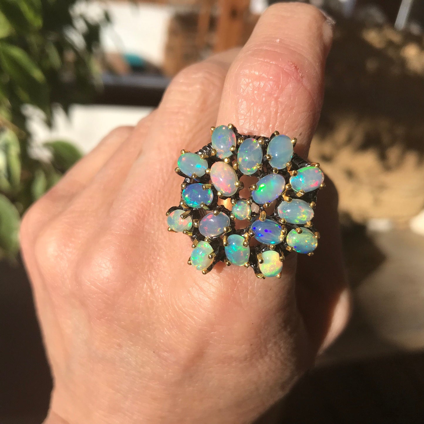 Sterling Silver Fire opal cluster statement Ring 9 Colors Of Etnika