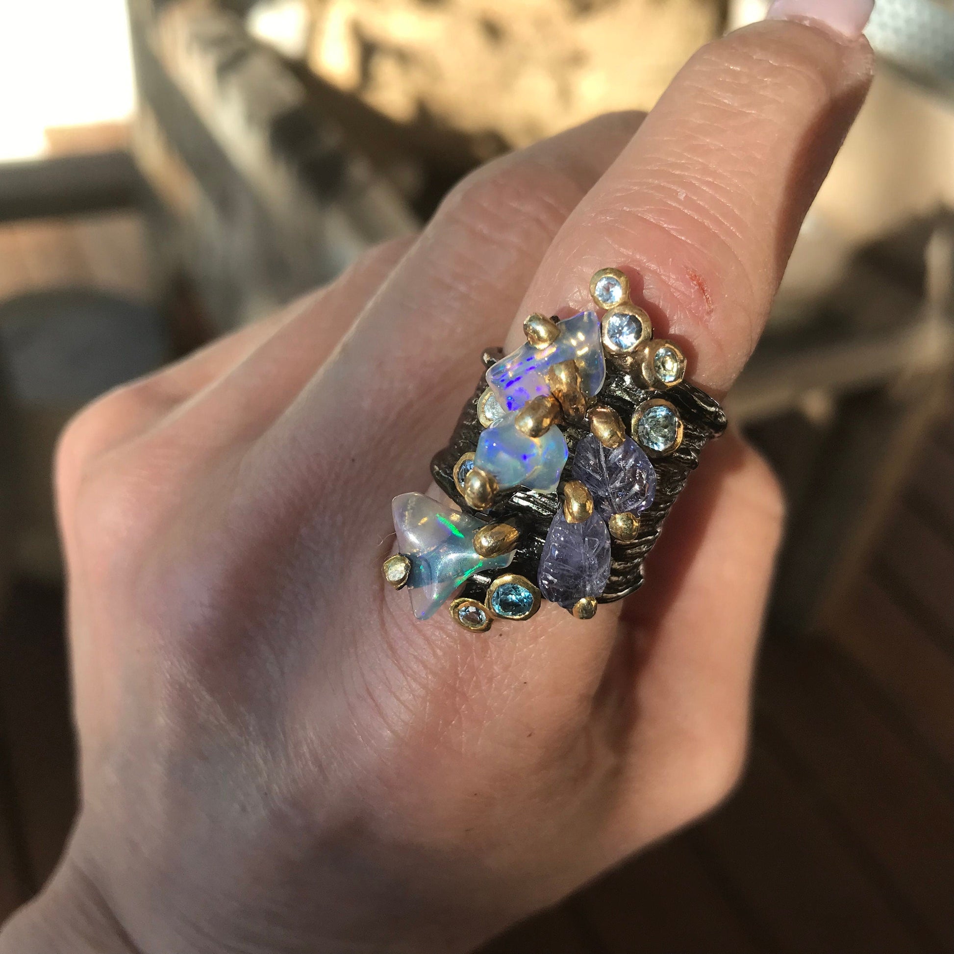 Sterling Silver rainbow opal carved tanzanite topaz statement ring 7.5 Colors Of Etnika