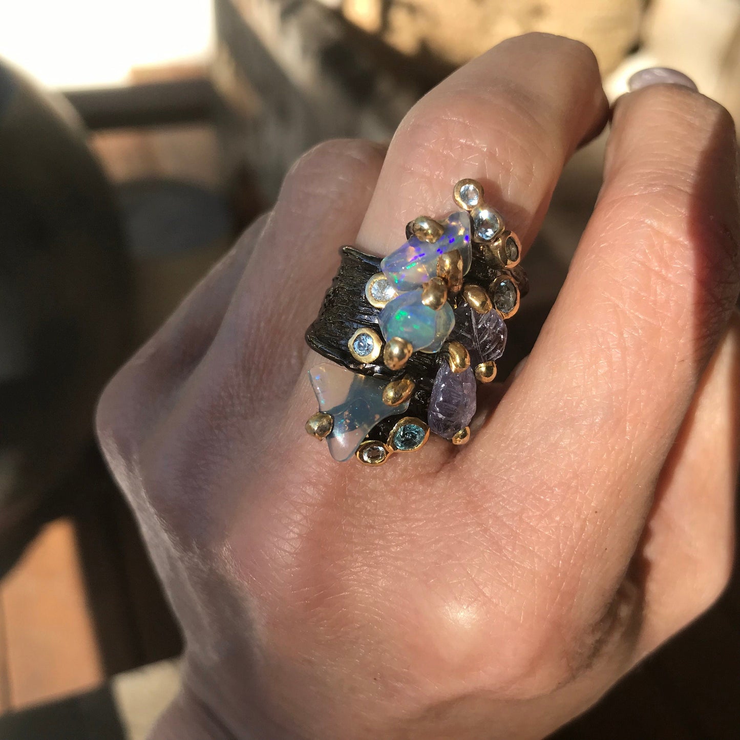 Sterling Silver rainbow opal carved tanzanite topaz statement ring 7.5 Colors Of Etnika