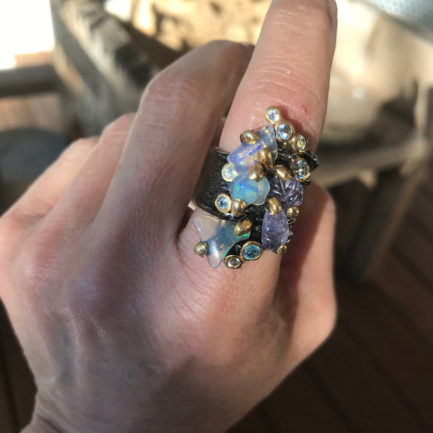 Sterling Silver rainbow opal carved tanzanite topaz statement ring 7.5 Colors Of Etnika