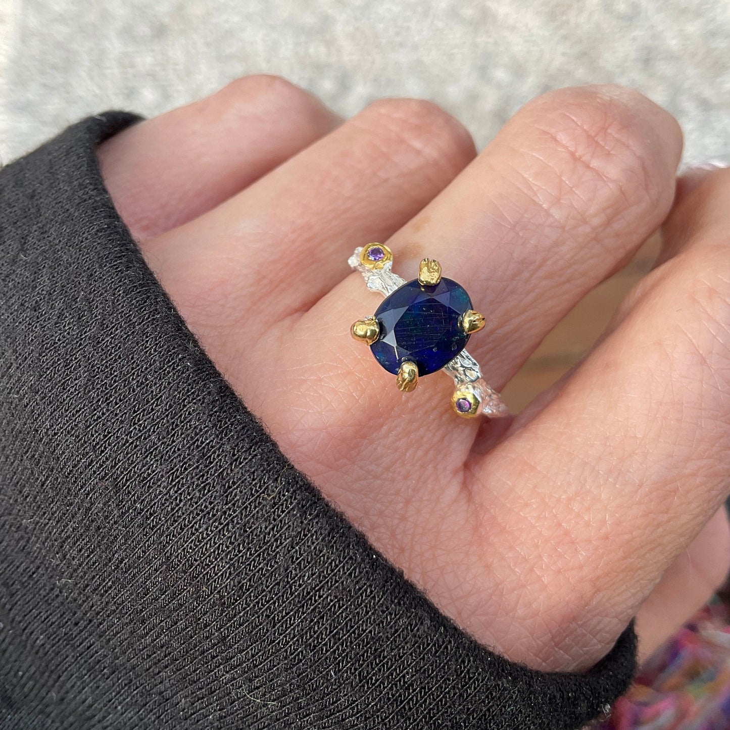 Sterling Silver Fire black blue fire opal solitaire cut Ring 8 Colors Of Etnika