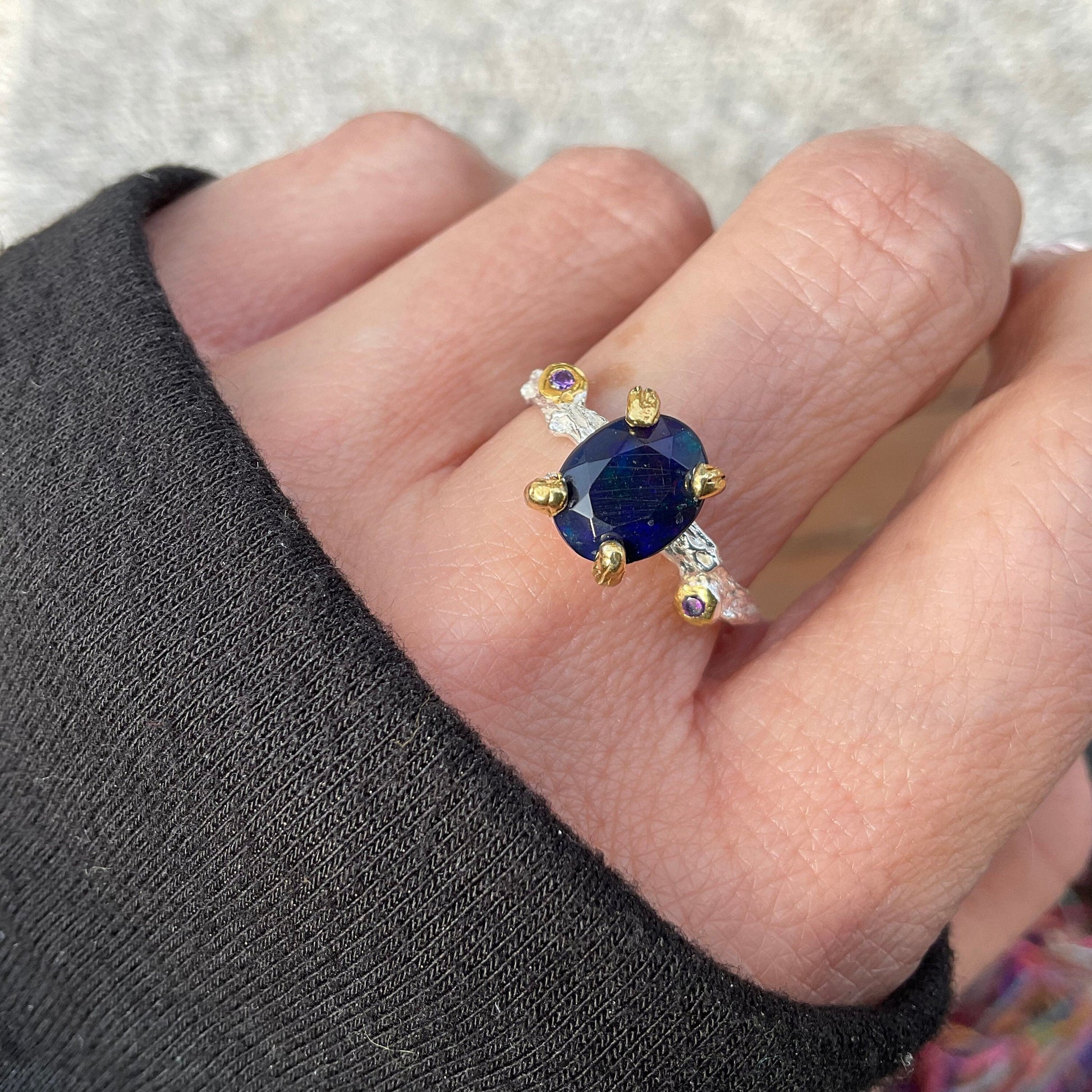Sterling Silver Fire black blue fire opal solitaire cut Ring 8 Colors Of Etnika