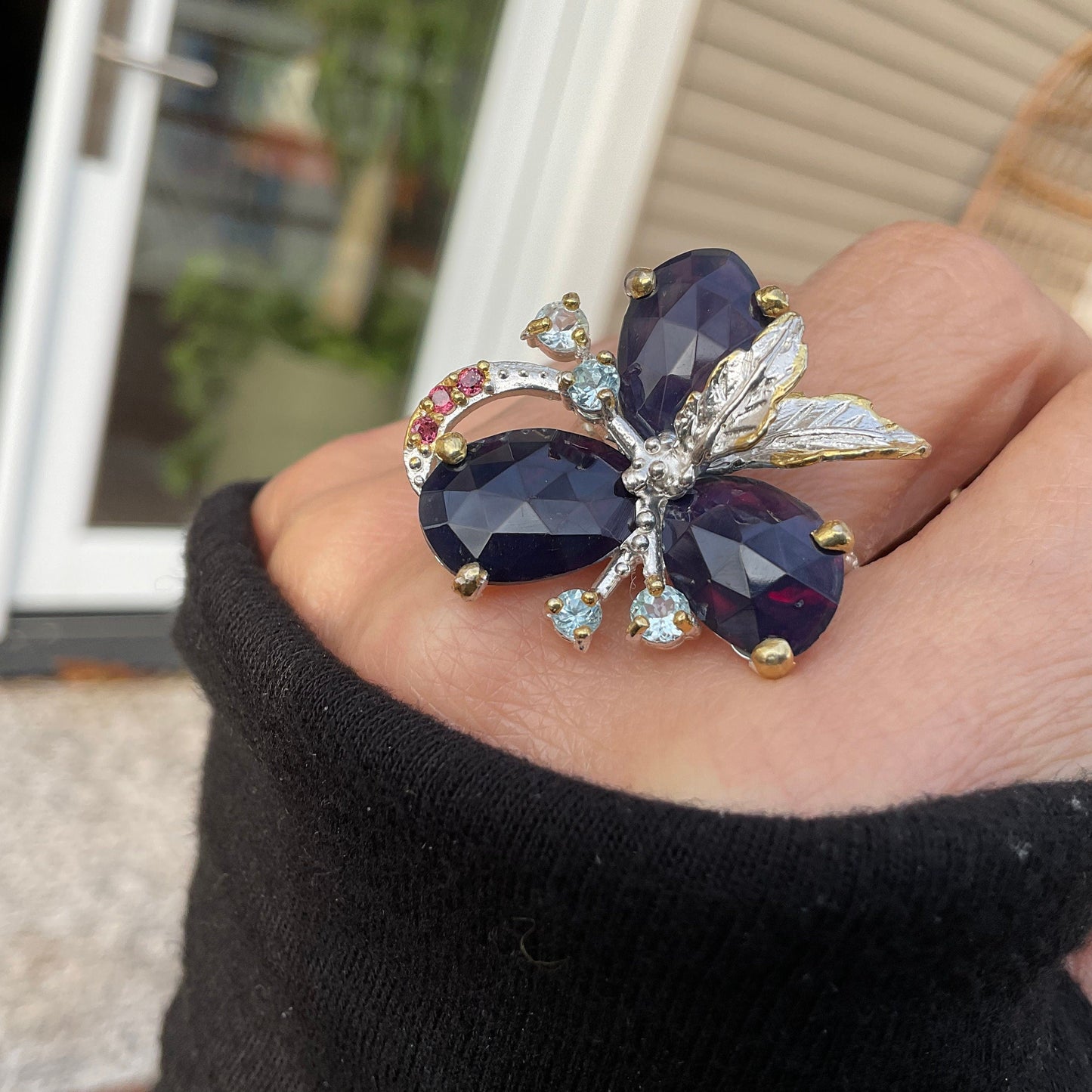 sterling silver Natural black blue Fire Opal topaz floral statement ring 9 Colors Of Etnika