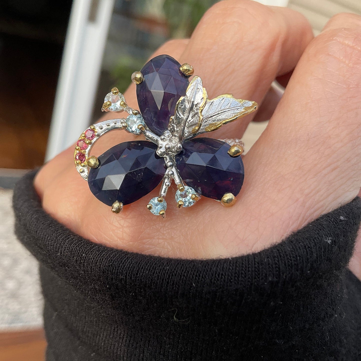 sterling silver Natural black blue Fire Opal topaz floral statement ring 9 Colors Of Etnika