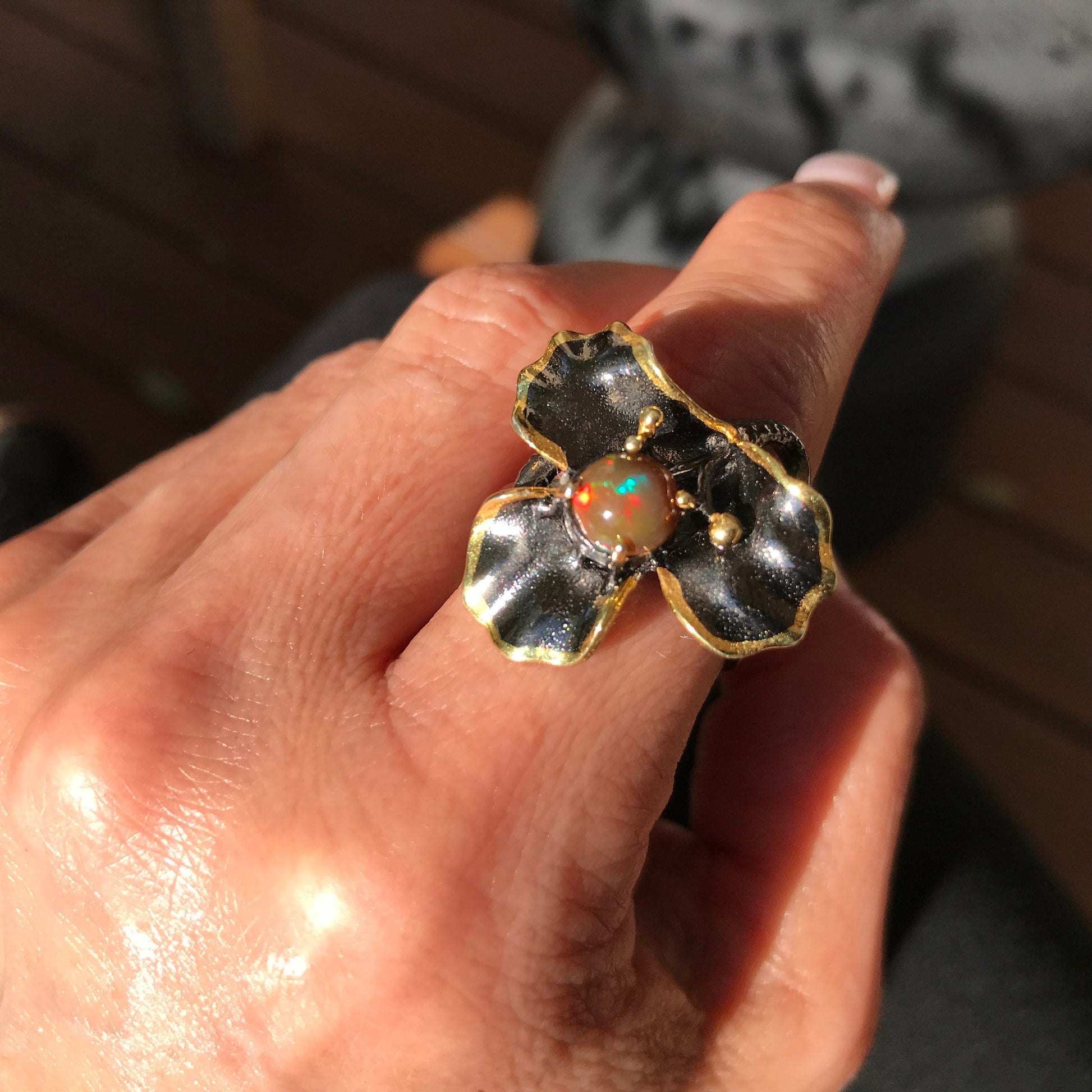 sterling silver Natural art opal flower ring 9 Colors Of Etnika