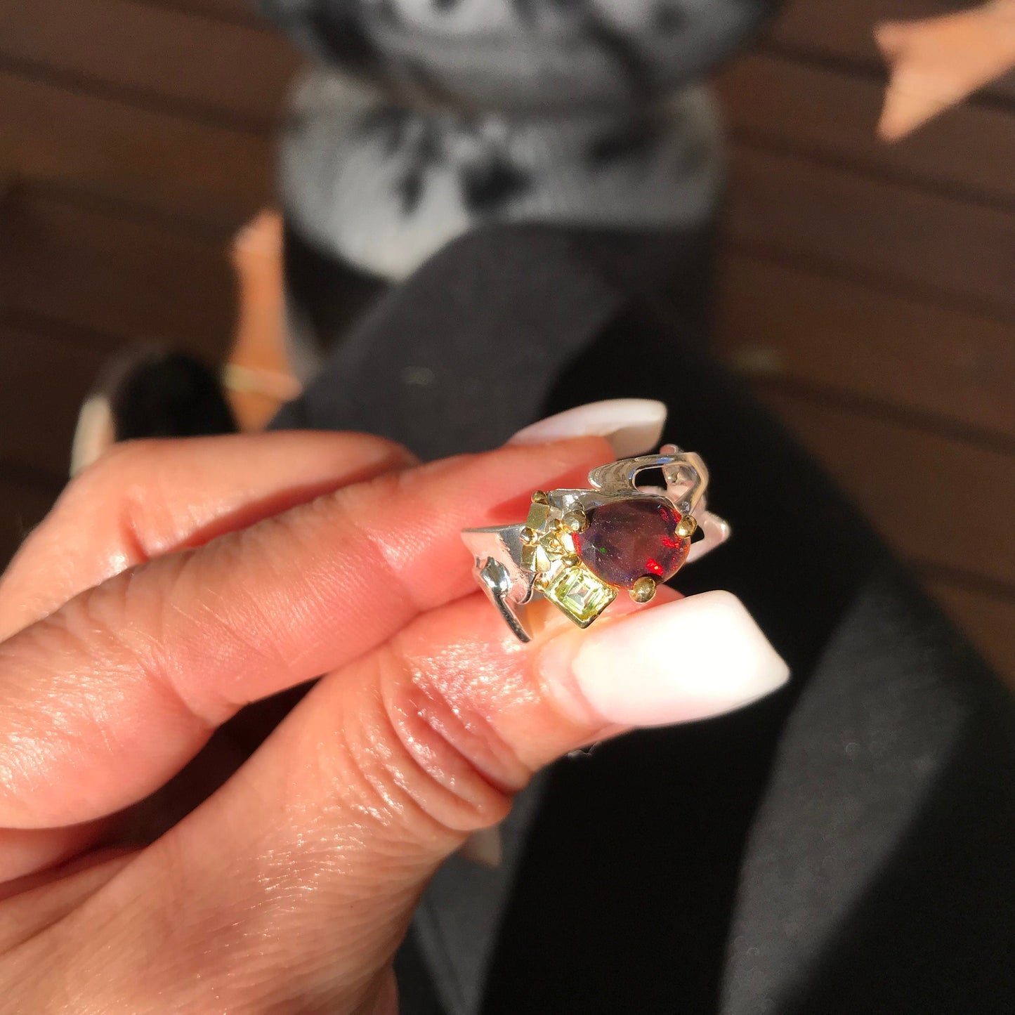 sterling silver Natural black red fire opal  band ring 8 Colors Of Etnika