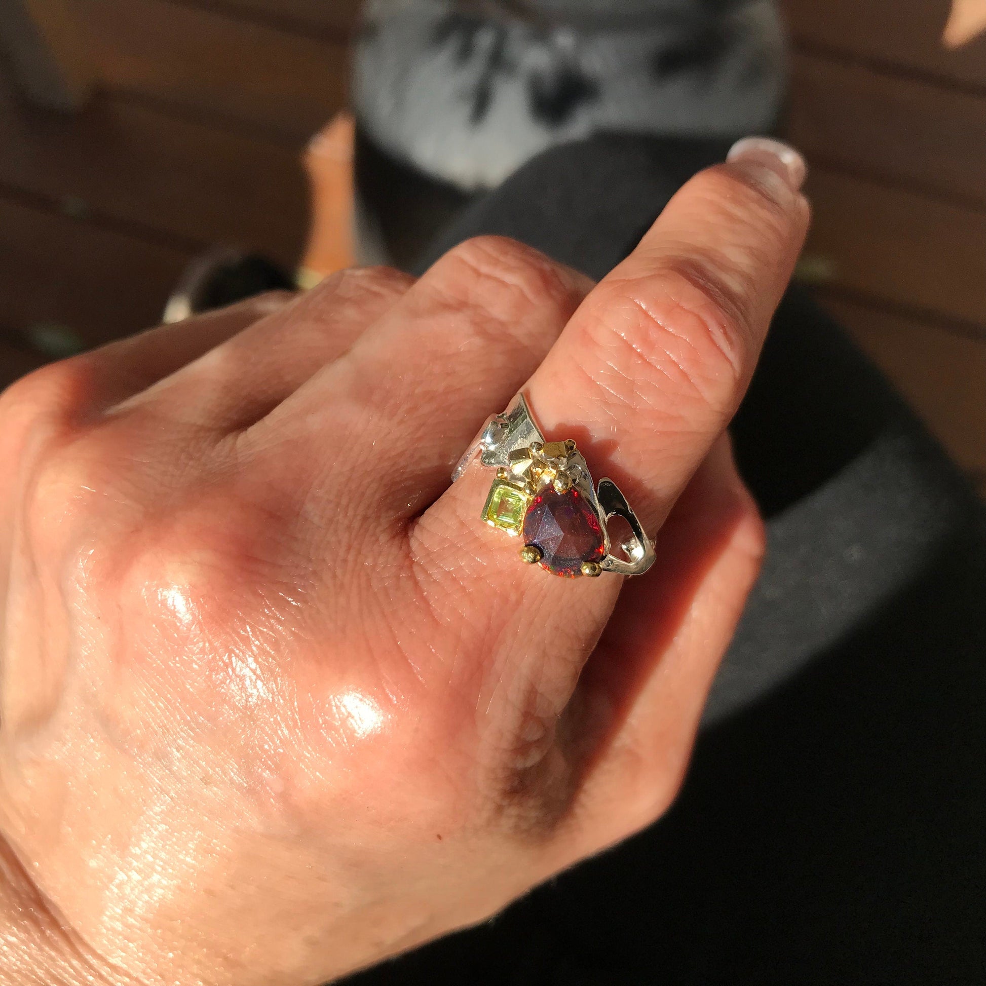 sterling silver Natural black red fire opal  band ring 8 Colors Of Etnika