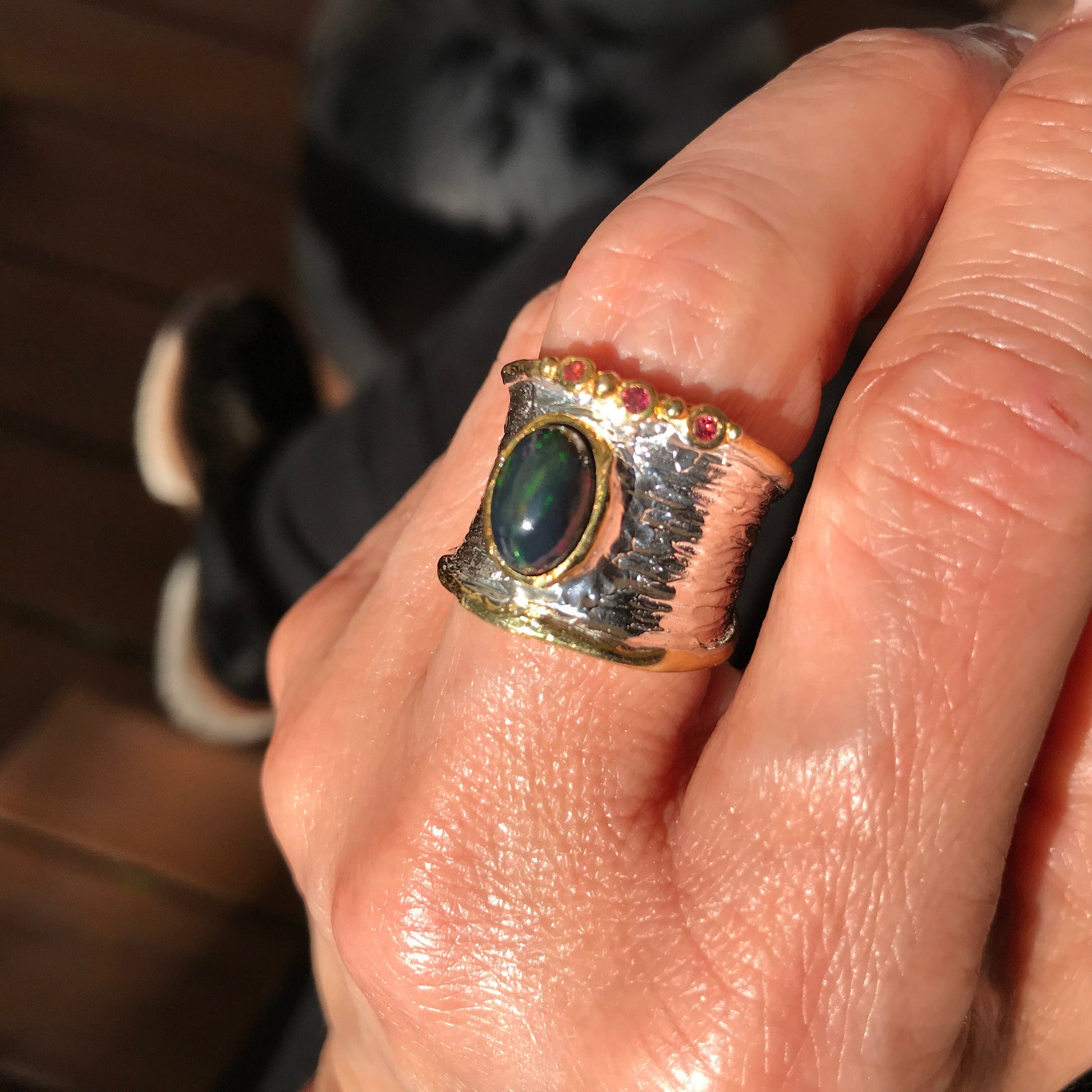 sterling silver natural opal band Rhodolite ring 7 Colors Of Etnika