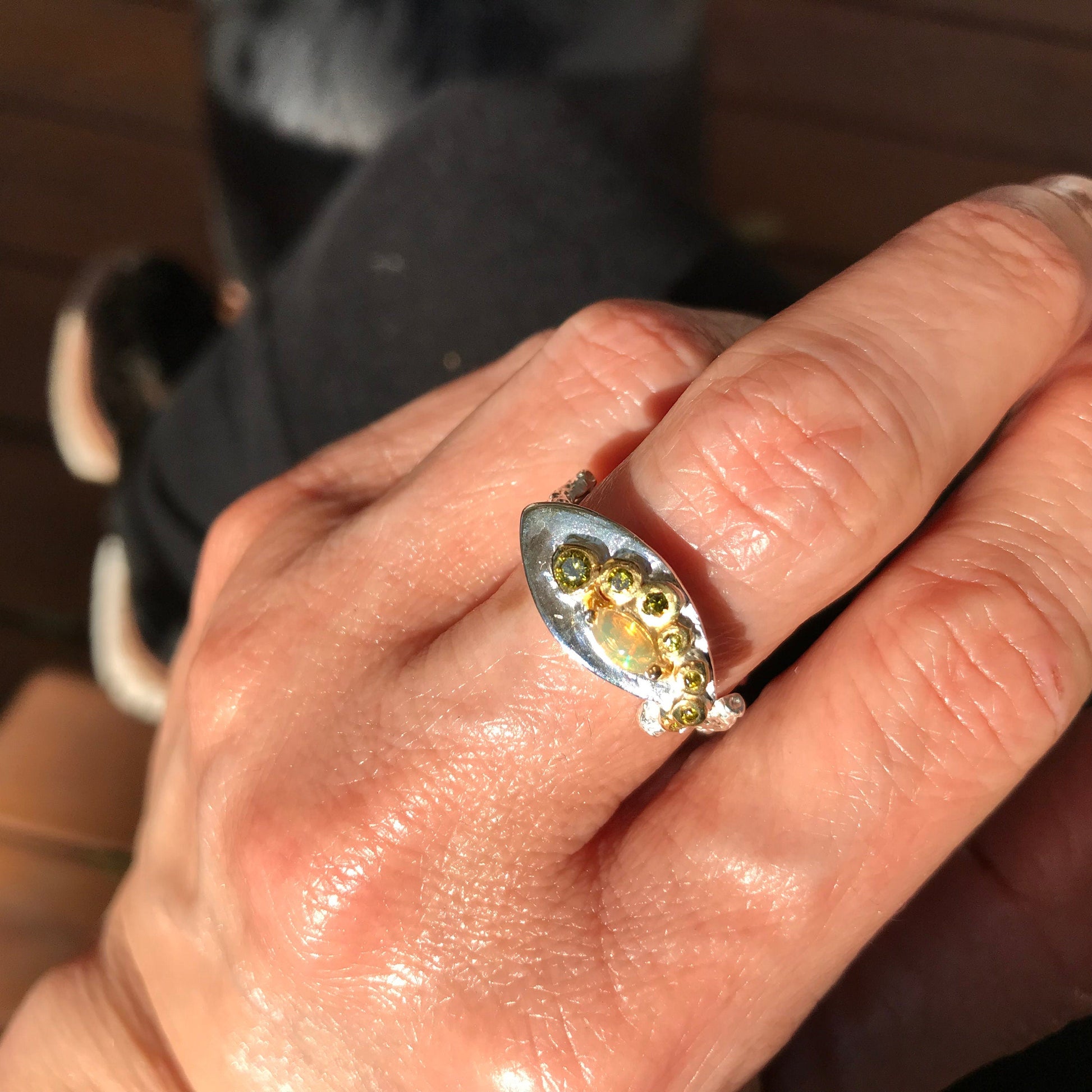 sterling silver Natural Fire opal Artisan dainty ring 8.5 Colors Of Etnika