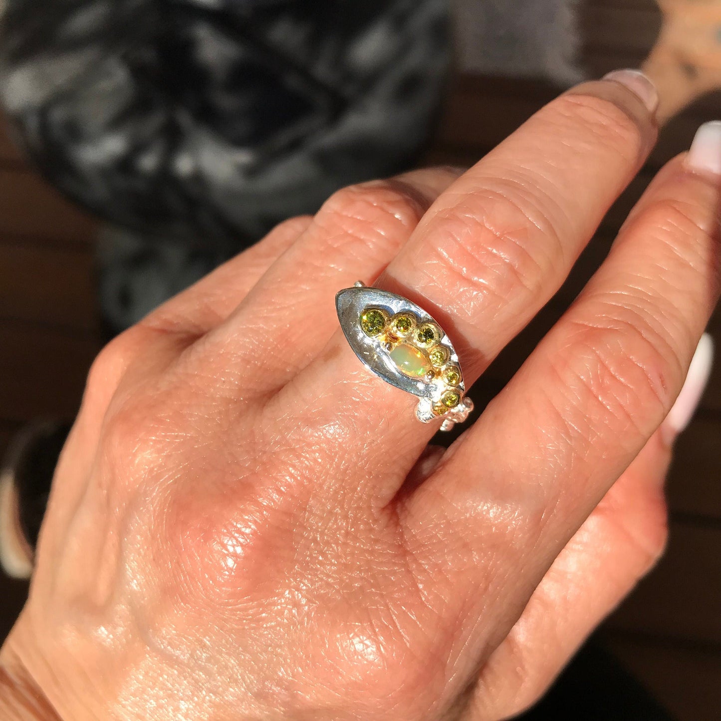 sterling silver Natural Fire opal Artisan dainty ring 8.5 Colors Of Etnika