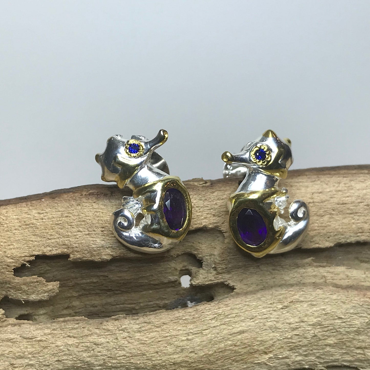 Sterling Silver natural amethyst Seahorse stud Earrings Colors Of Etnika