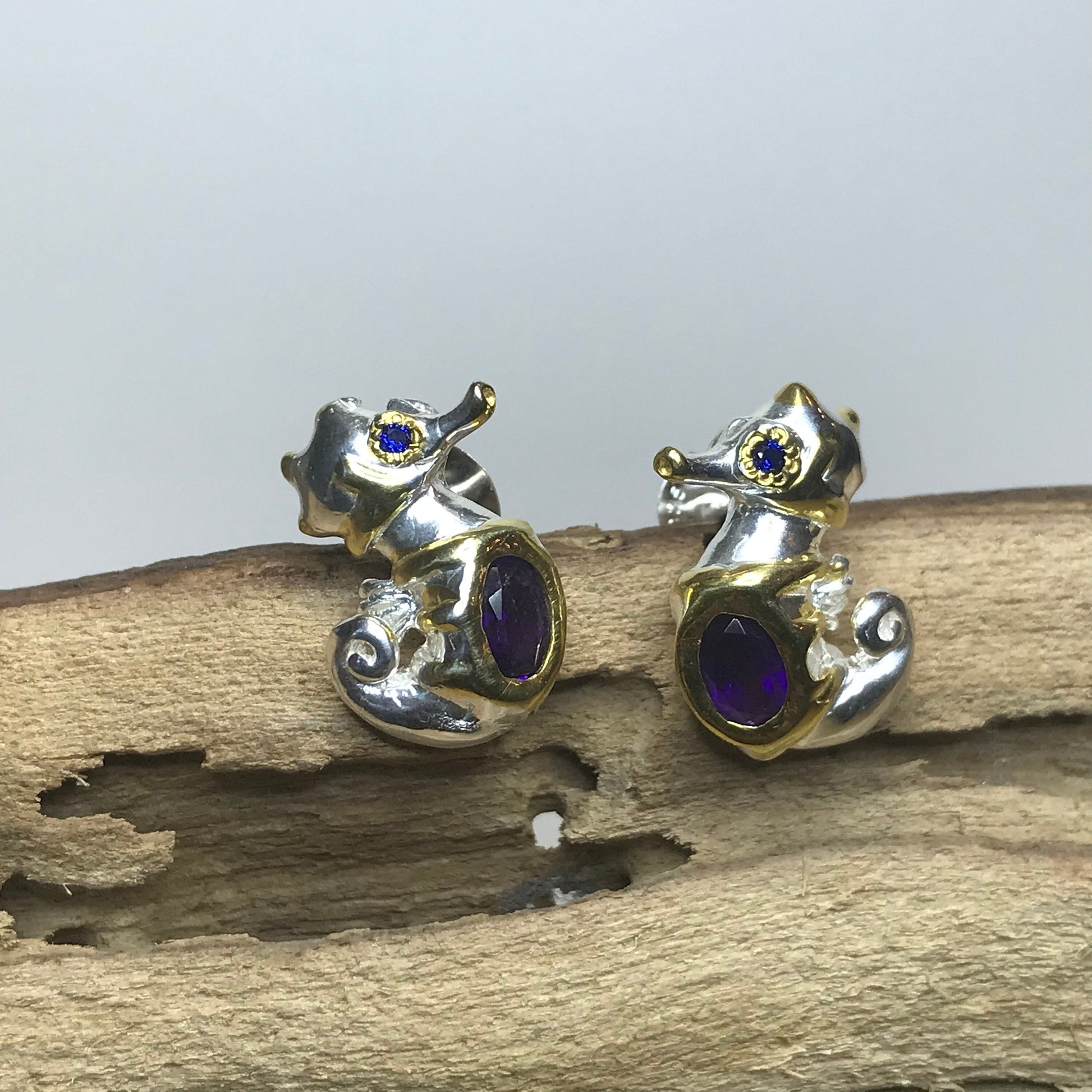 Sterling Silver natural amethyst Seahorse stud Earrings Colors Of Etnika