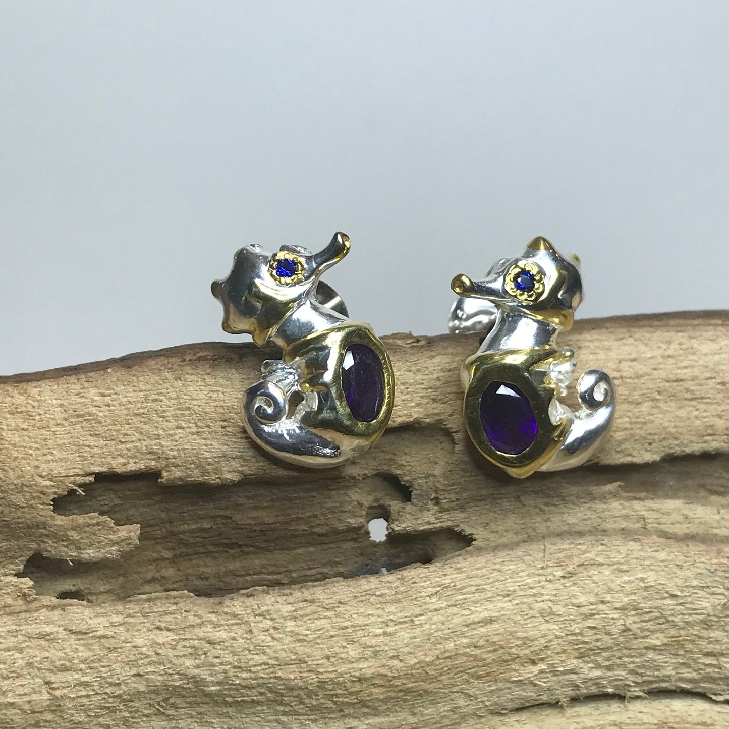 Sterling Silver natural amethyst Seahorse stud Earrings Colors Of Etnika