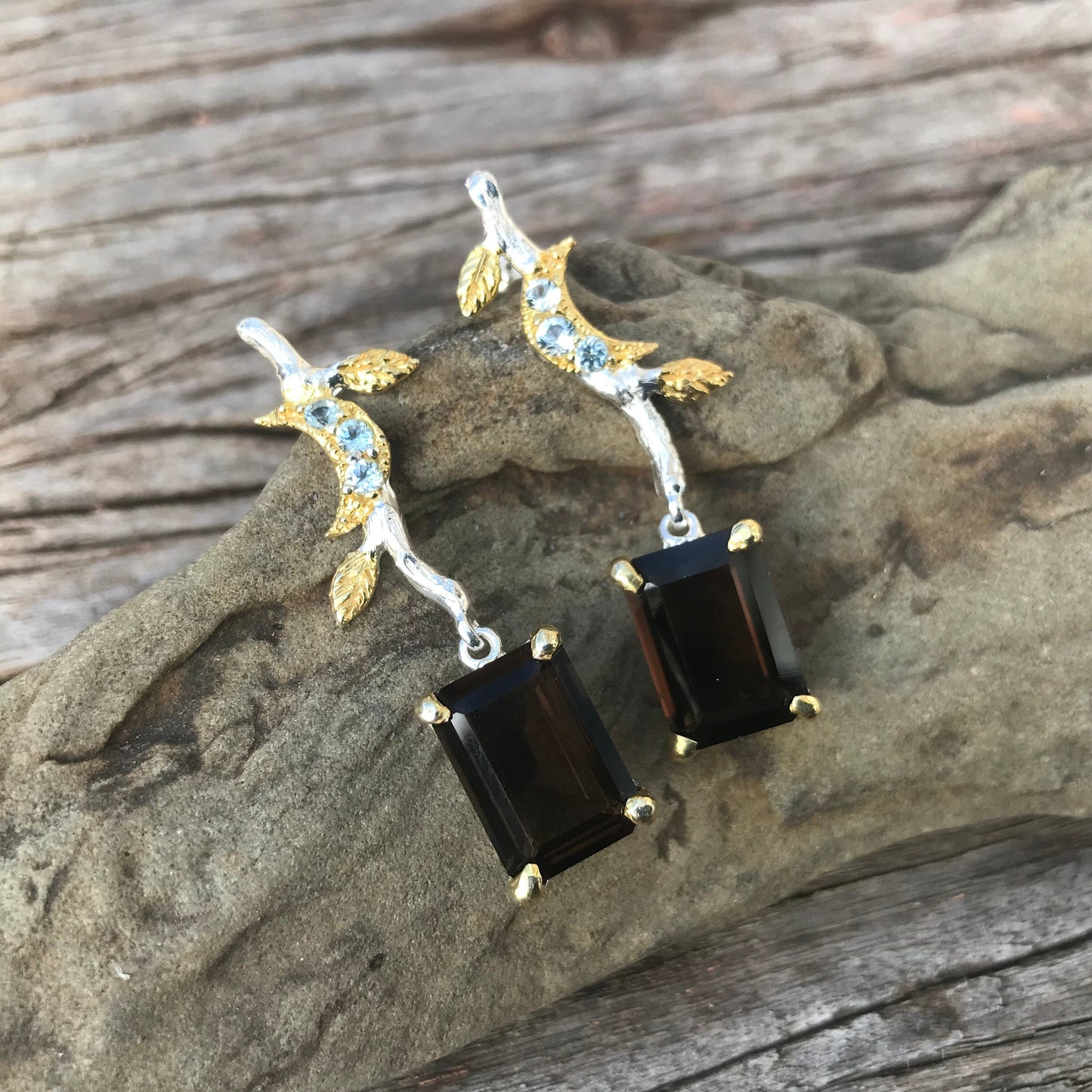 Sterling silver Smokey quartz star topaz natural dangle earrings Colors Of Etnika