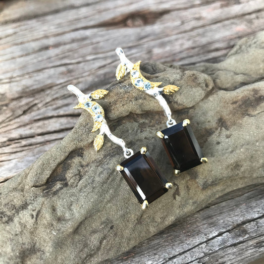 Sterling silver Smokey quartz star topaz natural dangle earrings