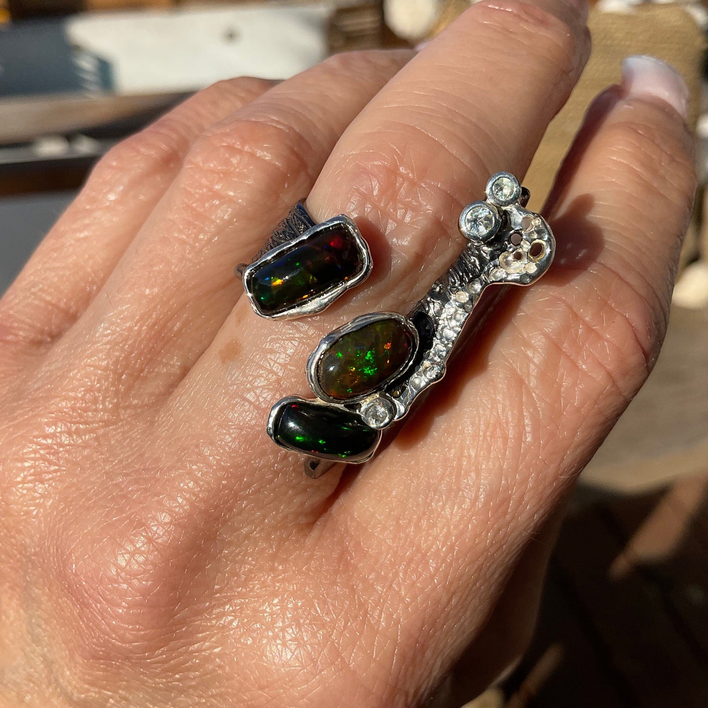 sterling silver natural black red fire opal band cuff open ring 8 Colors Of Etnika