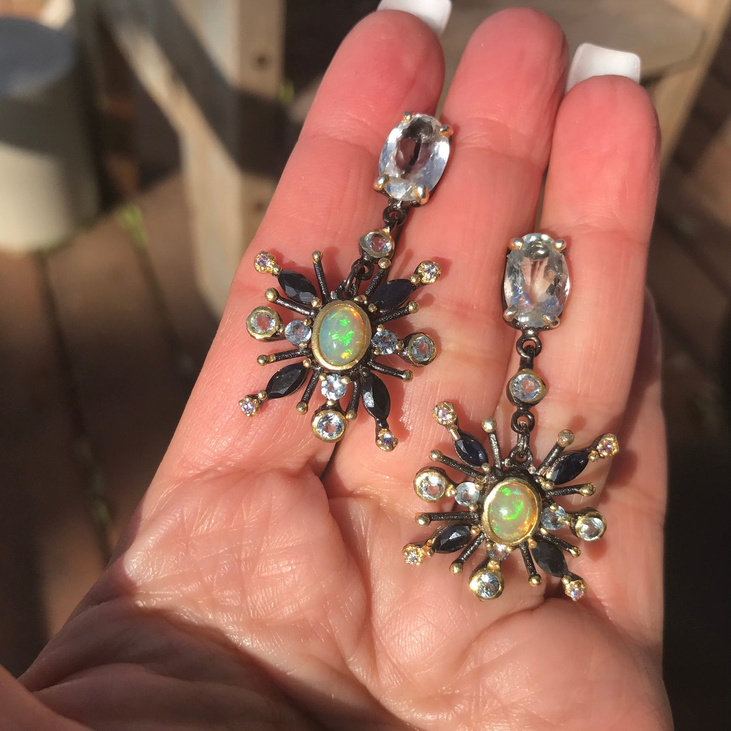 Sterling Silver Rainbow Natural Opal topaz sunburst earrings Colors Of Etnika