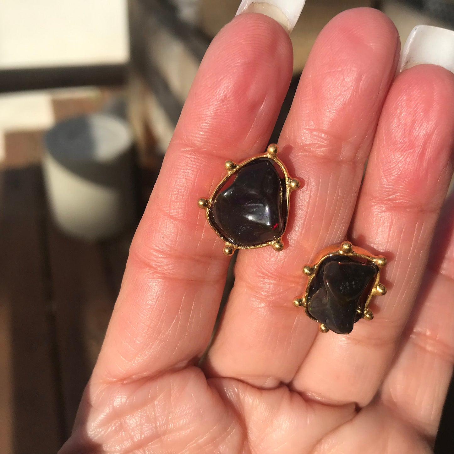 Sterling Silver Natural black red fire Opal heirloom medium stud Earrings