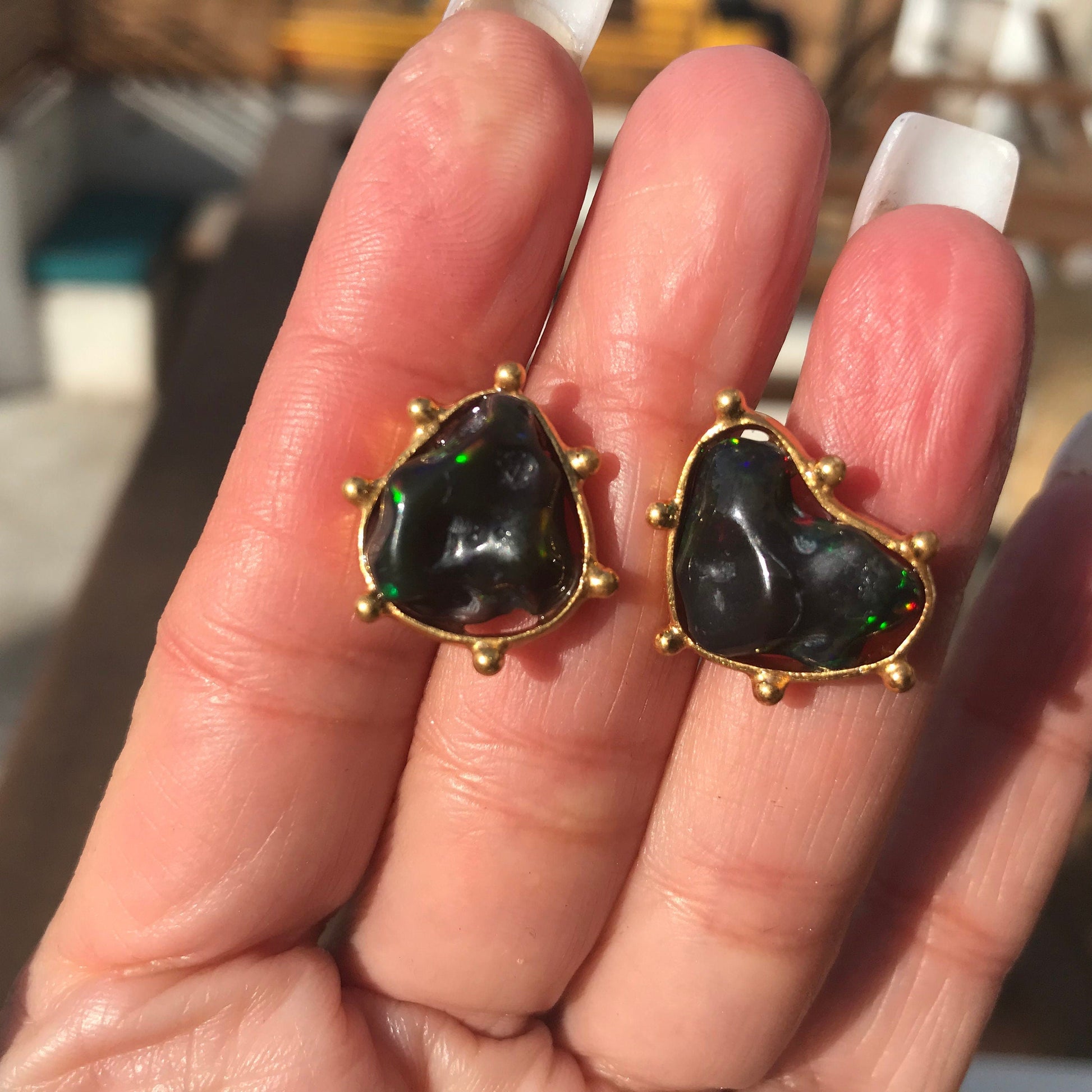 Sterling Silver Natural black red fire Opal heirloom medium stud Earrings Colors Of Etnika