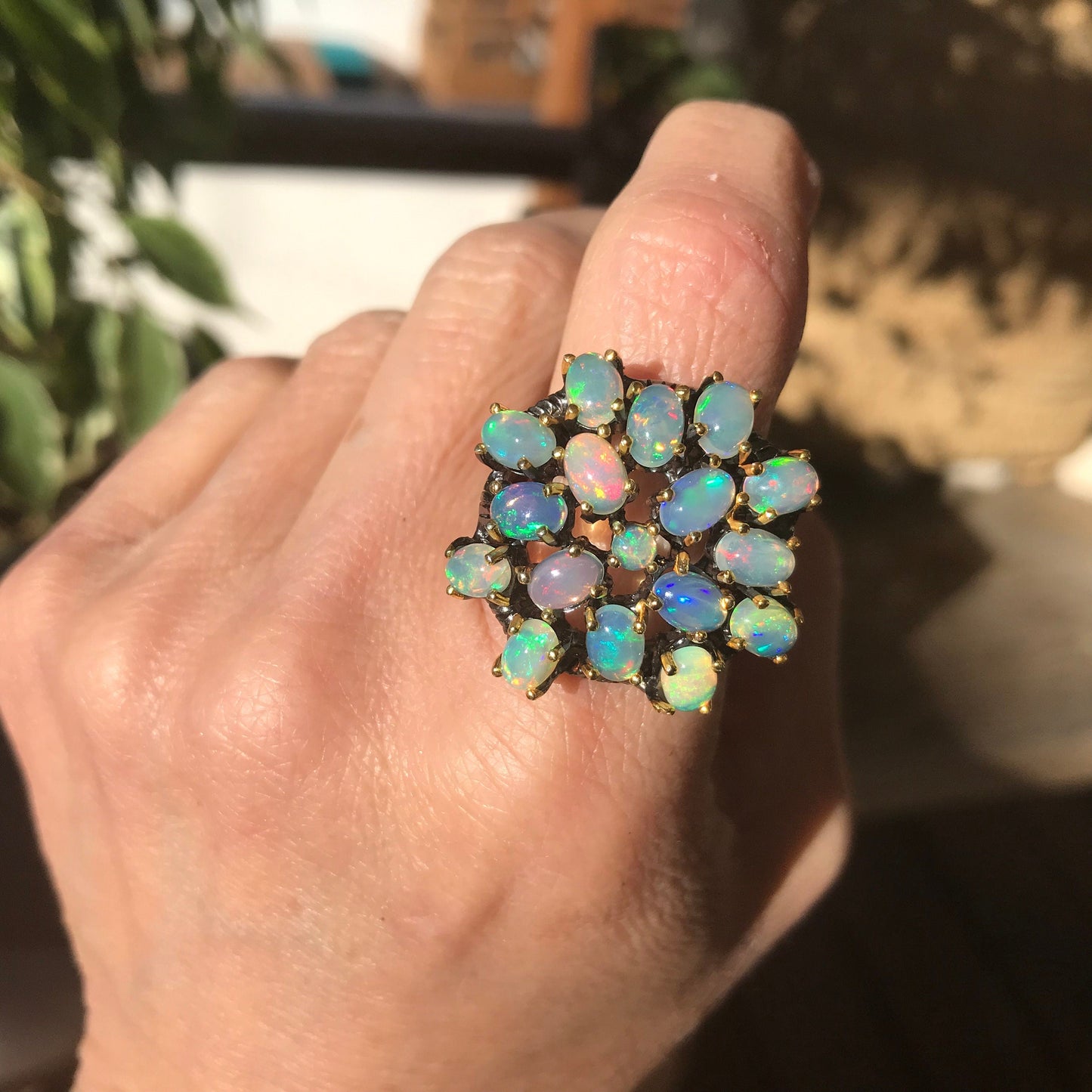Sterling Silver Fire opal cluster statement Ring 9 Colors Of Etnika