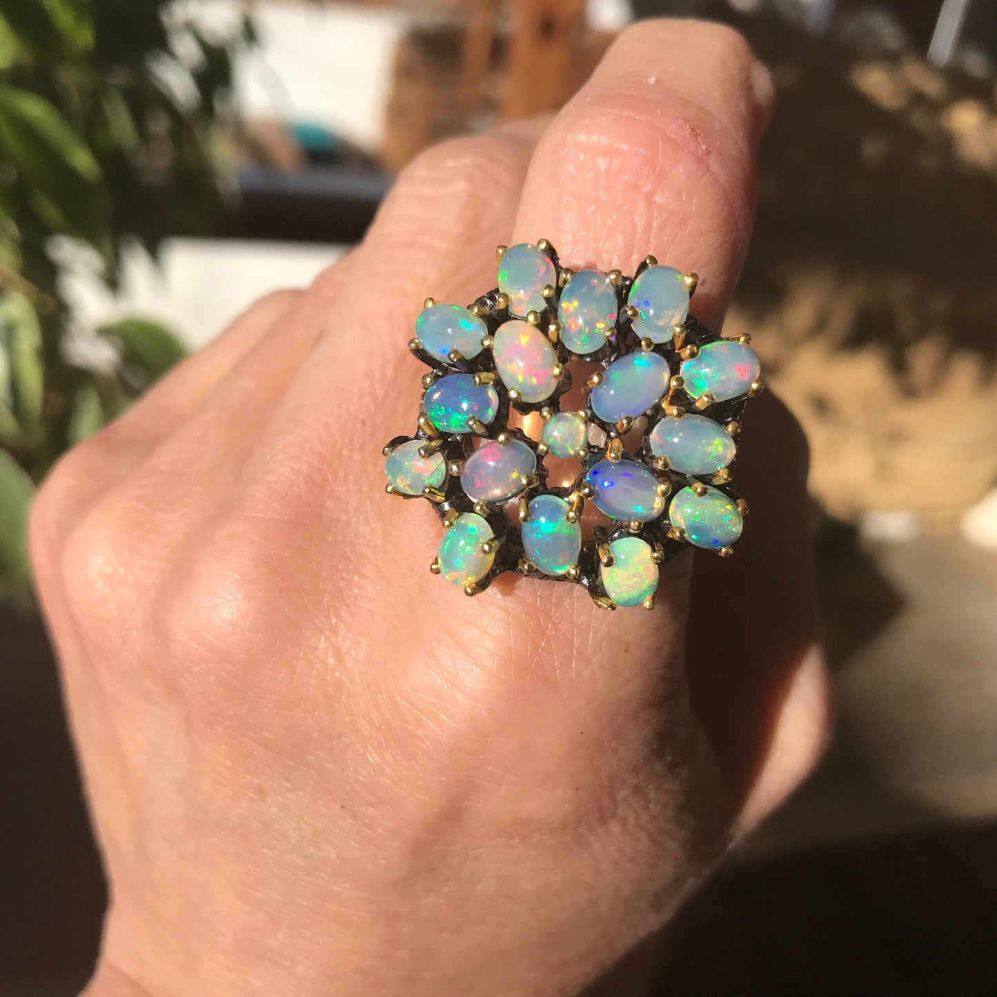 Sterling Silver Fire opal cluster statement Ring 9 Colors Of Etnika