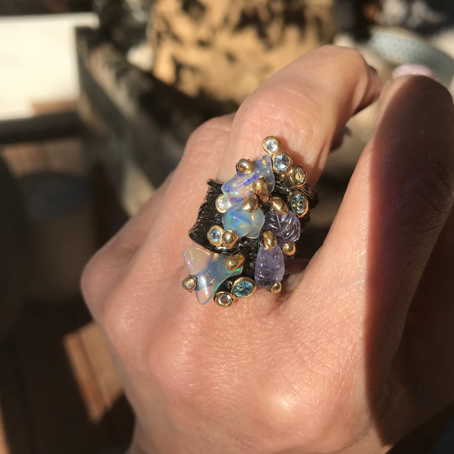 Sterling Silver rainbow opal carved tanzanite topaz statement ring 7.5 Colors Of Etnika