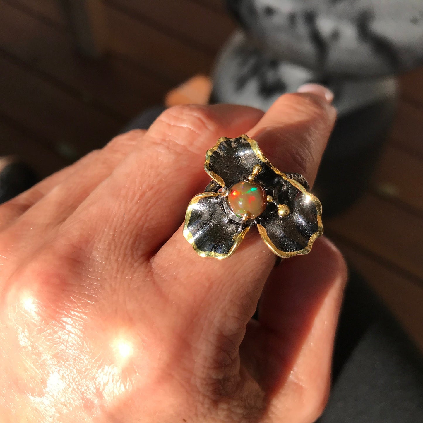 sterling silver Natural art opal flower ring 9 Colors Of Etnika