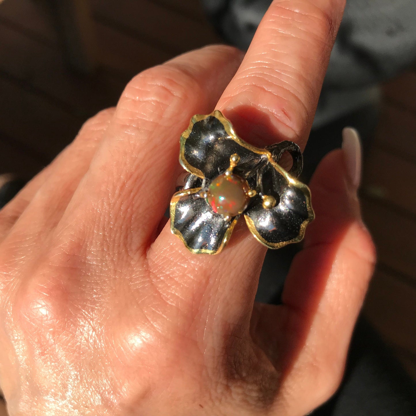 sterling silver Natural art opal flower ring 9 Colors Of Etnika