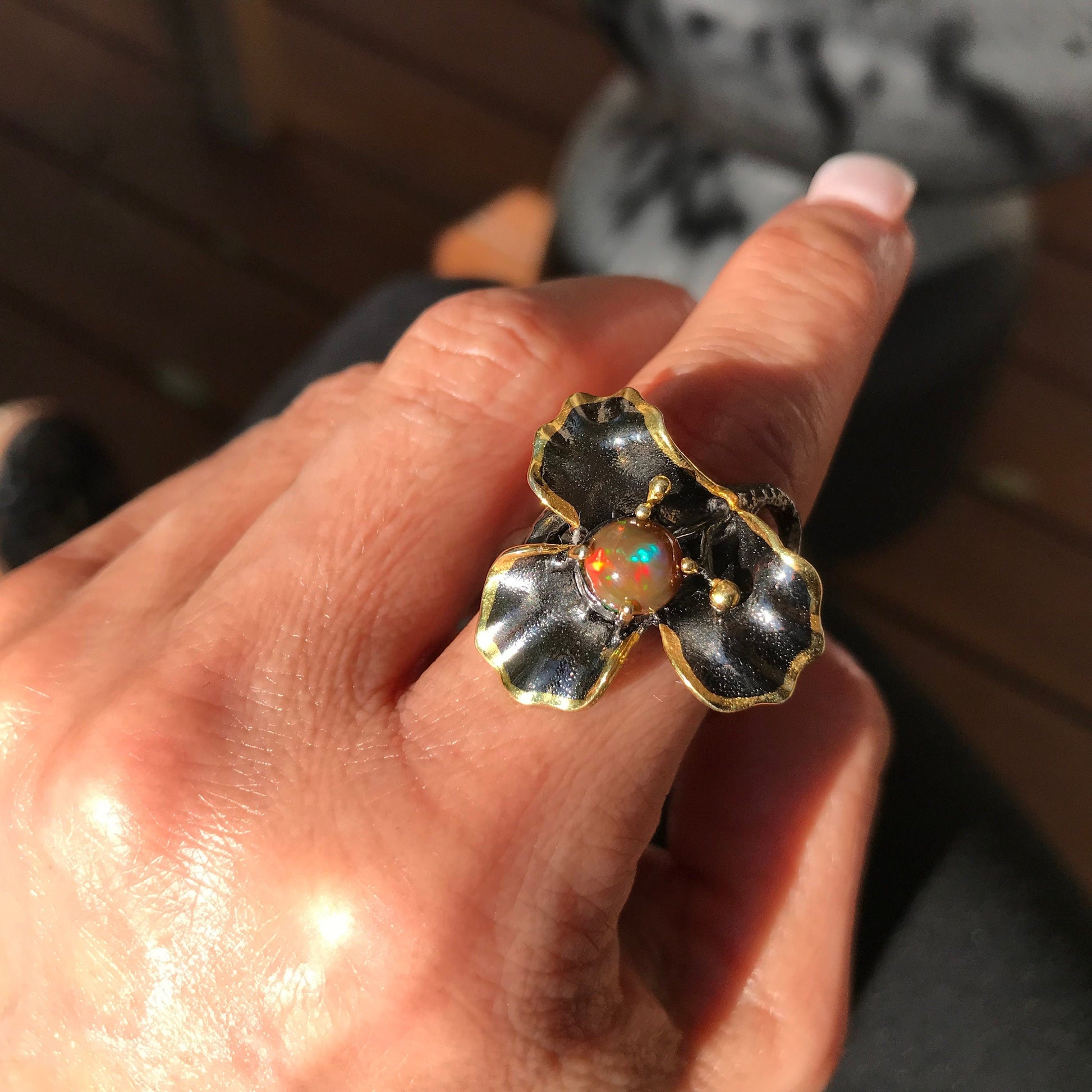 sterling silver Natural art opal flower ring 9 Colors Of Etnika