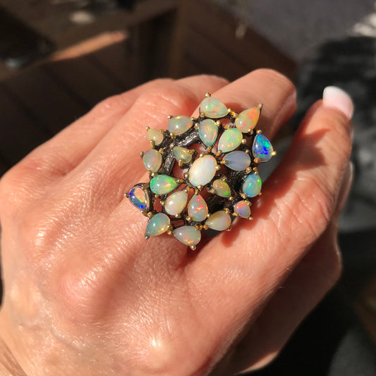 Sterling Silver Fire opal cluster Ring 8 handmade