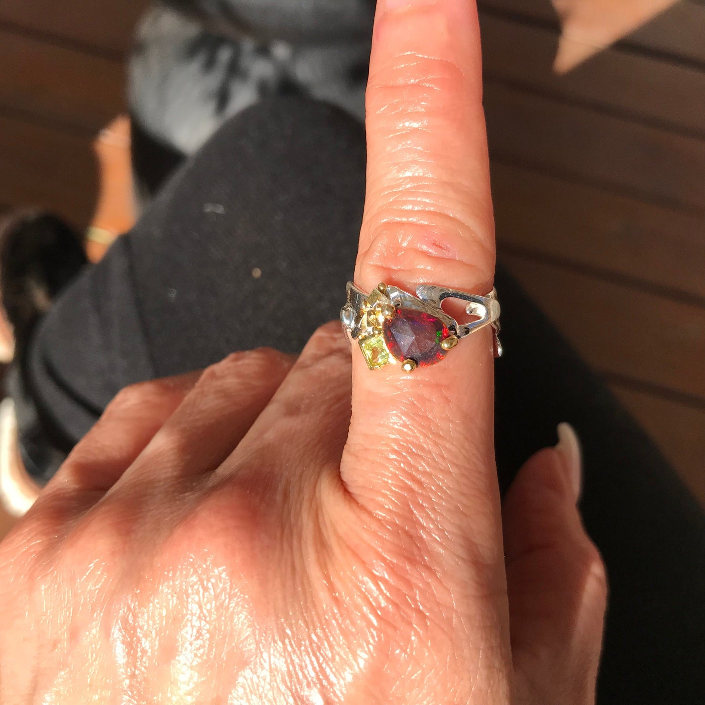 sterling silver Natural black red fire opal  band ring 8 Colors Of Etnika