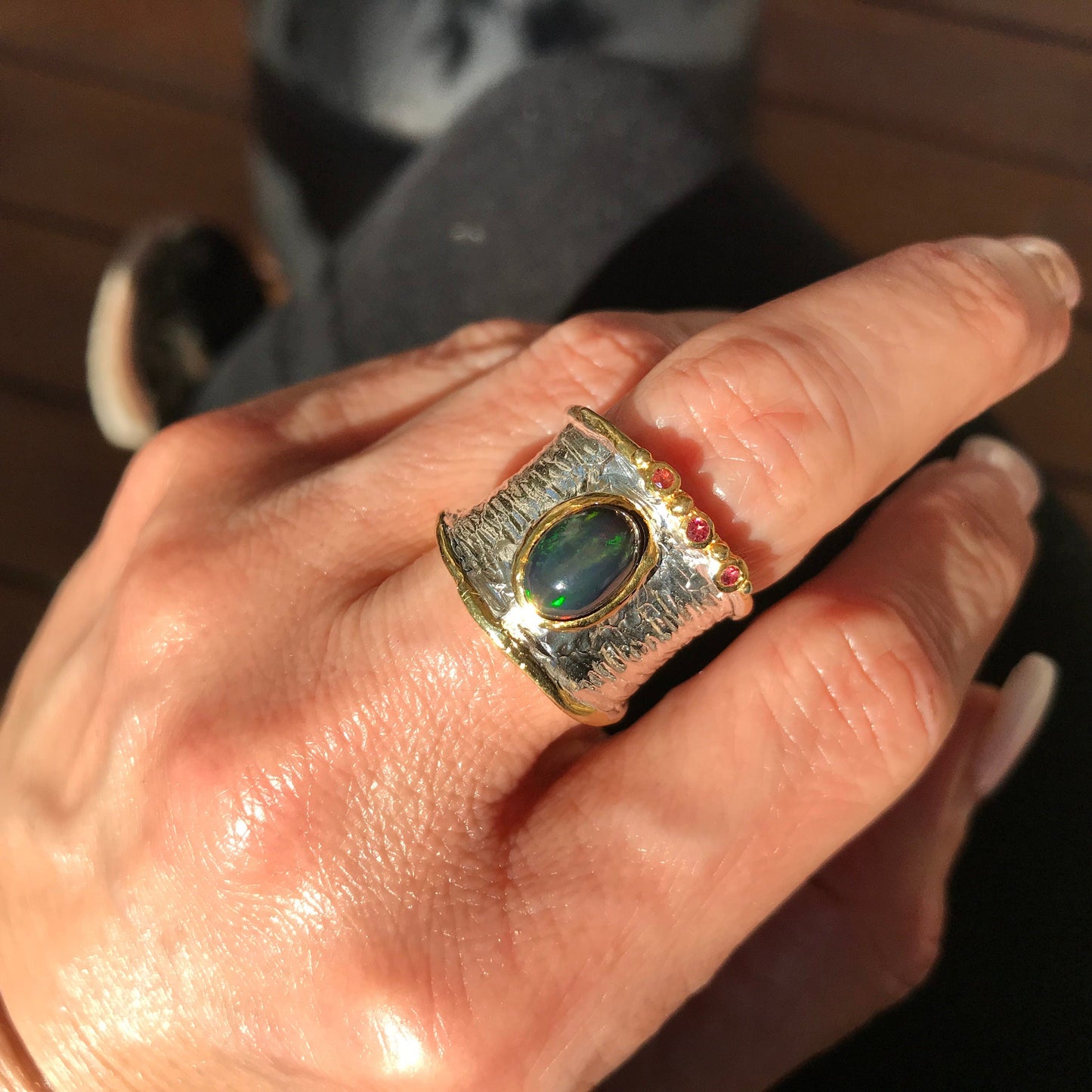 sterling silver natural opal band Rhodolite ring 7 Colors Of Etnika