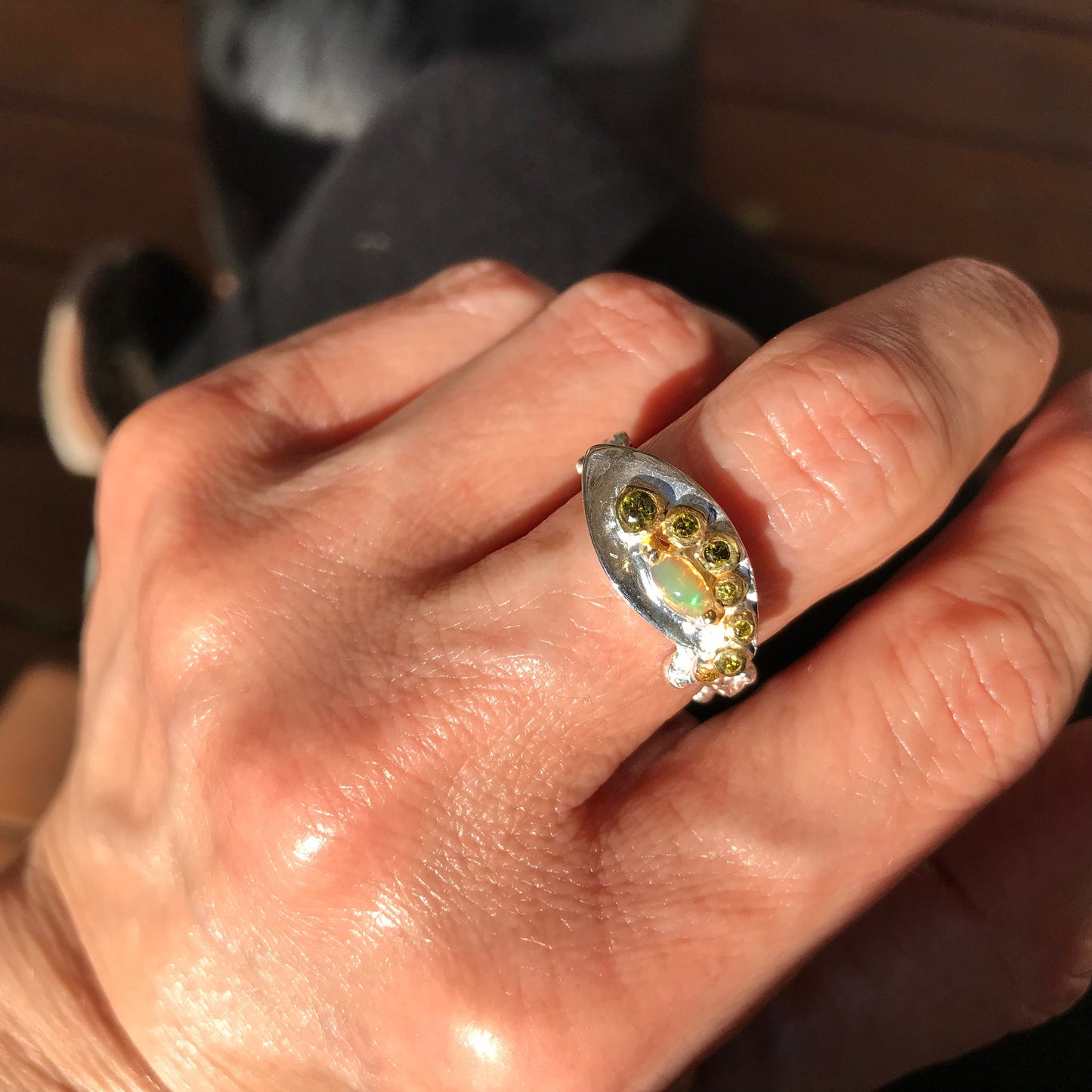 sterling silver Natural Fire opal Artisan dainty ring 8.5 Colors Of Etnika