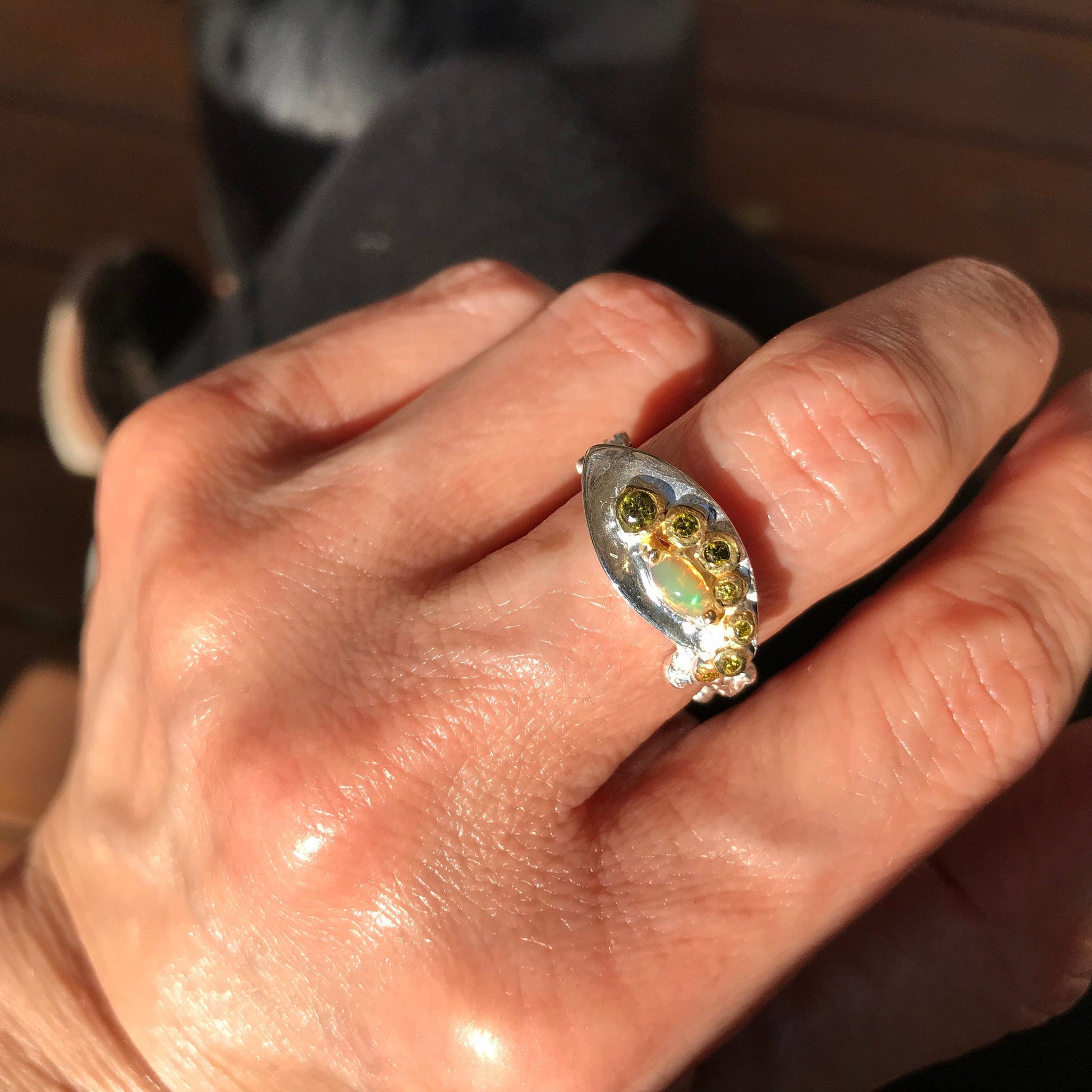 sterling silver Natural Fire opal Artisan dainty ring 8.5 Colors Of Etnika