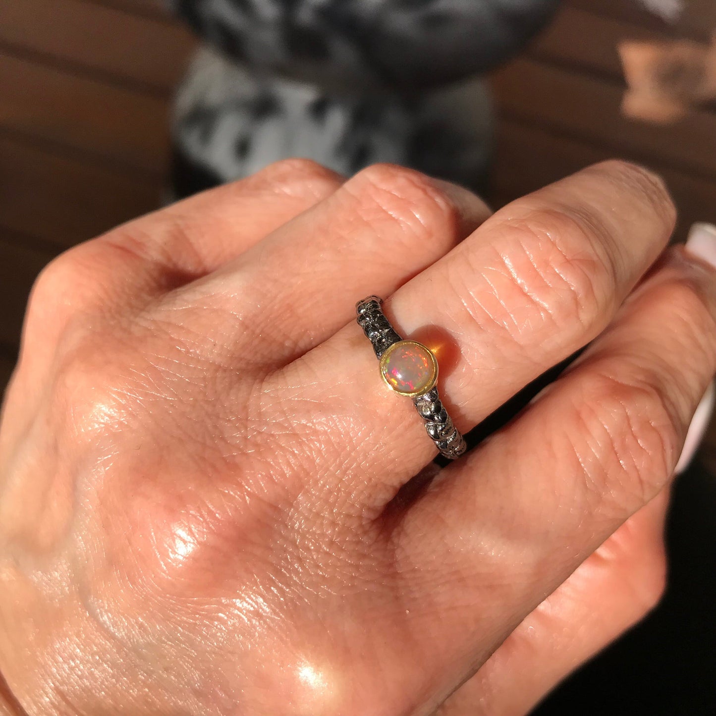 Natural black  fire opal dainty Sterling Silver Ring 7 Colors Of Etnika