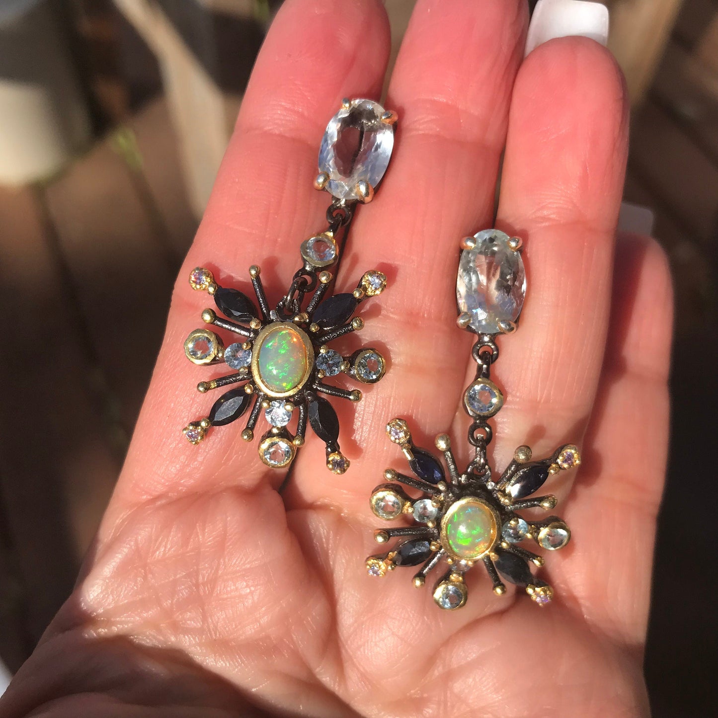 Sterling Silver Rainbow Natural Opal topaz sunburst earrings Colors Of Etnika