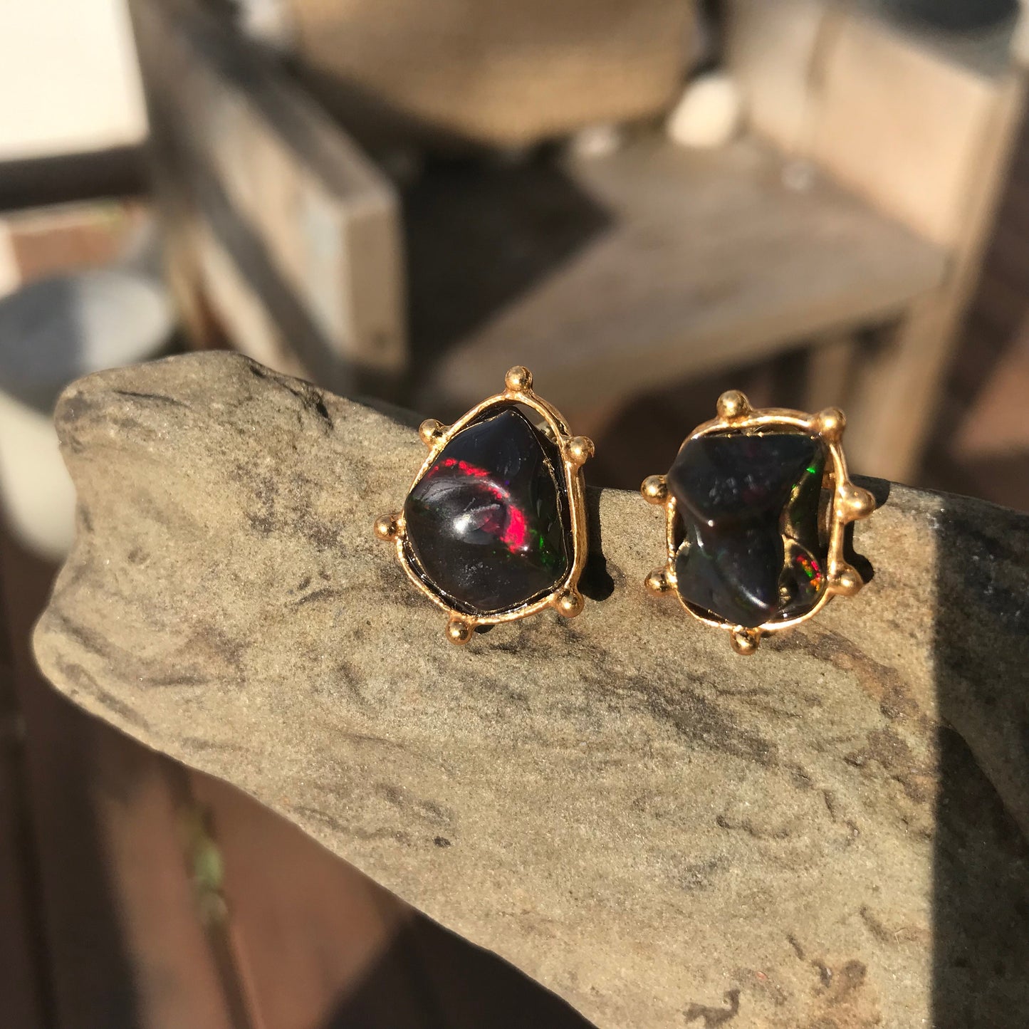 Sterling Silver Natural black red fire Opal heirloom medium stud Earrings