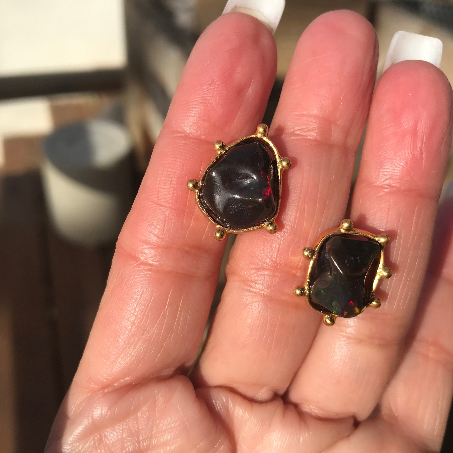 Sterling Silver Natural black red fire Opal heirloom medium stud Earrings