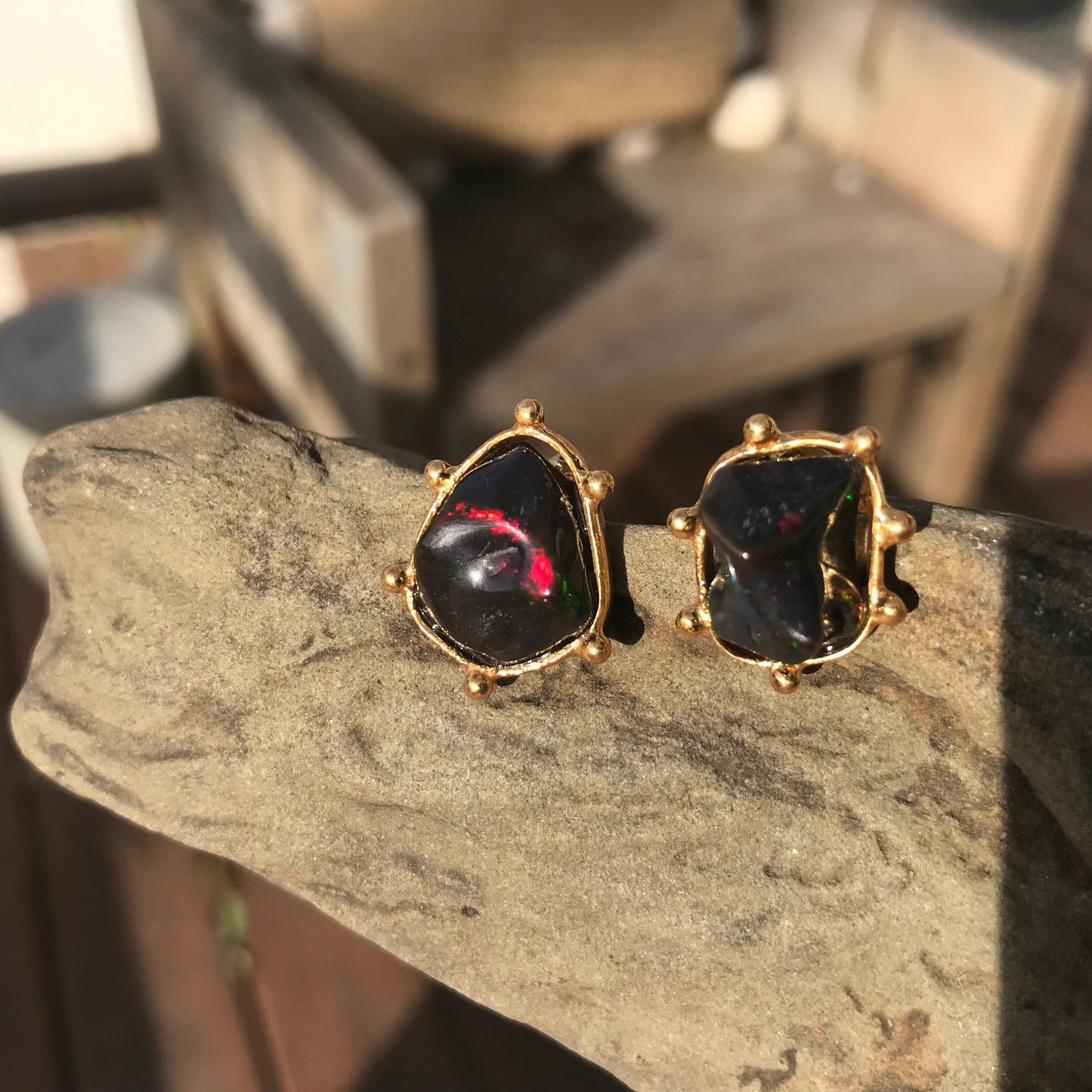 Sterling Silver Natural black red fire Opal heirloom medium stud Earrings