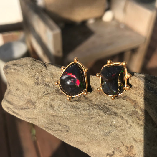 Sterling Silver Natural black red fire Opal heirloom medium stud Earrings